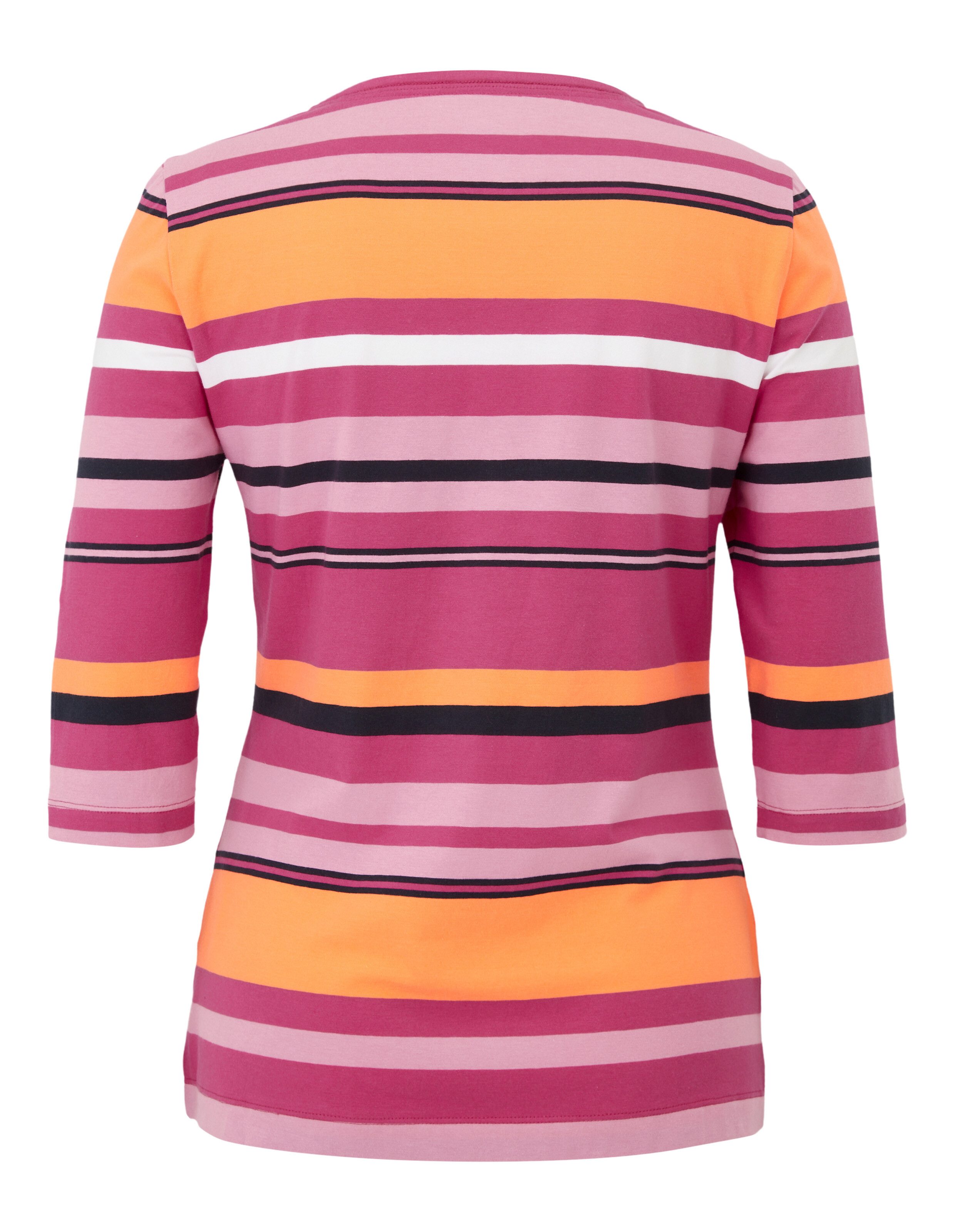 Gestreiftes Shirt in Rosa, Orange und Schwarz mit dreiviertellangen Ärmeln, Rückansicht, horizontale Streifen in verschiedenen Breiten.