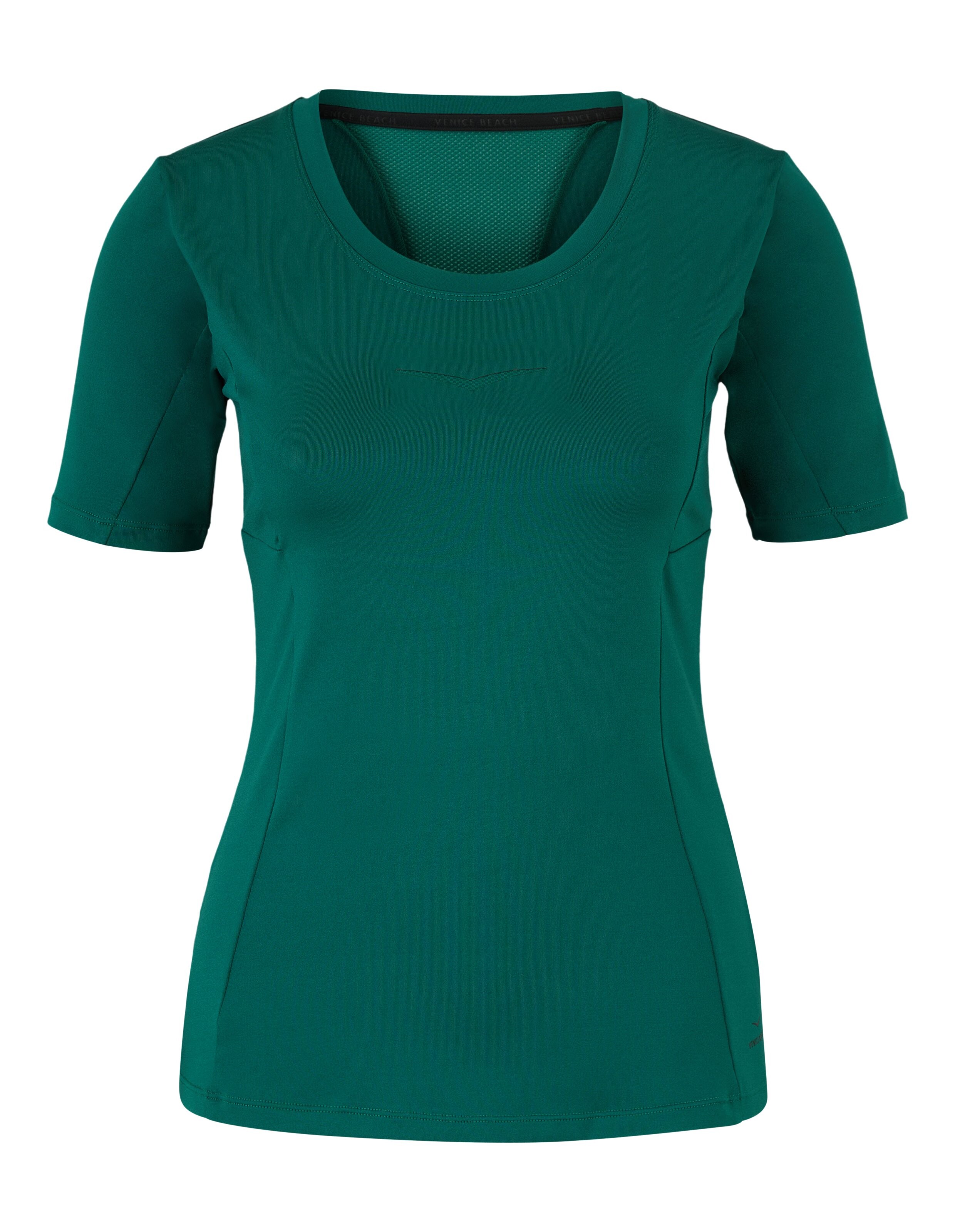 Dunkelgrünes, kurzärmliges Freizeit-T-Shirt mit Rundhalsausschnitt und Mesh-Detail am Rücken.