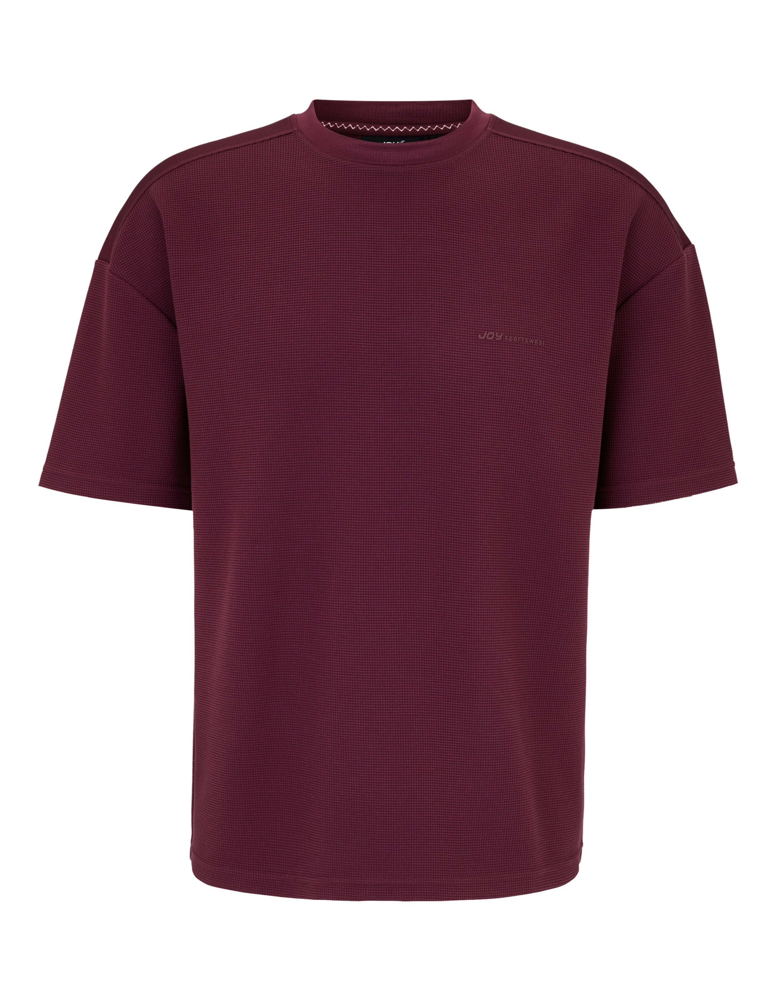Ein burgunderfarbenes T-Shirt mit Waffelmuster und lockerer Passform, versehen mit einem dezenter Logoprint.
