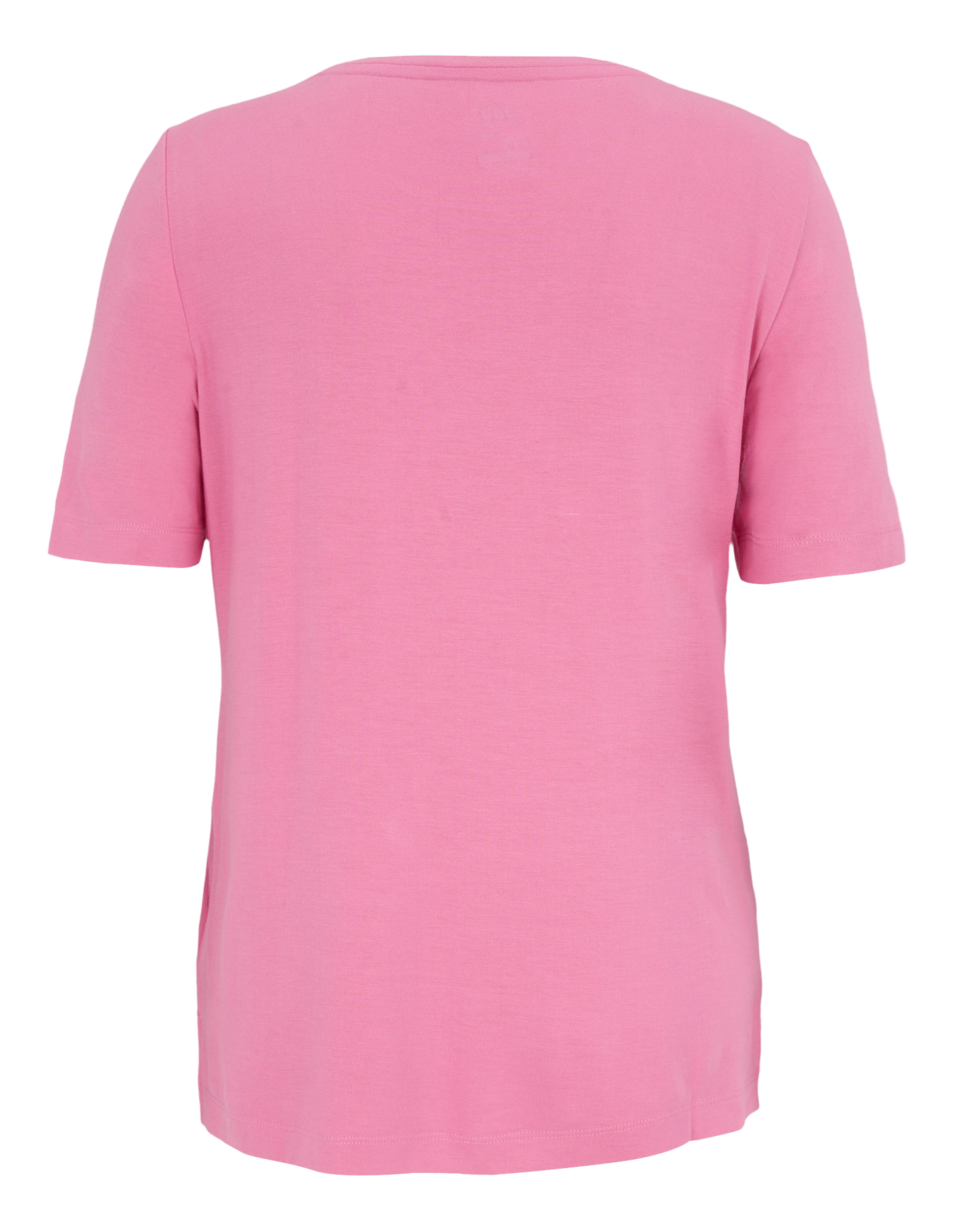 Rosa T-Shirt aus weichem Stoff mit kurzen Ärmeln und rundem Halsausschnitt, Rückseite ohne Aufdruck oder Muster.