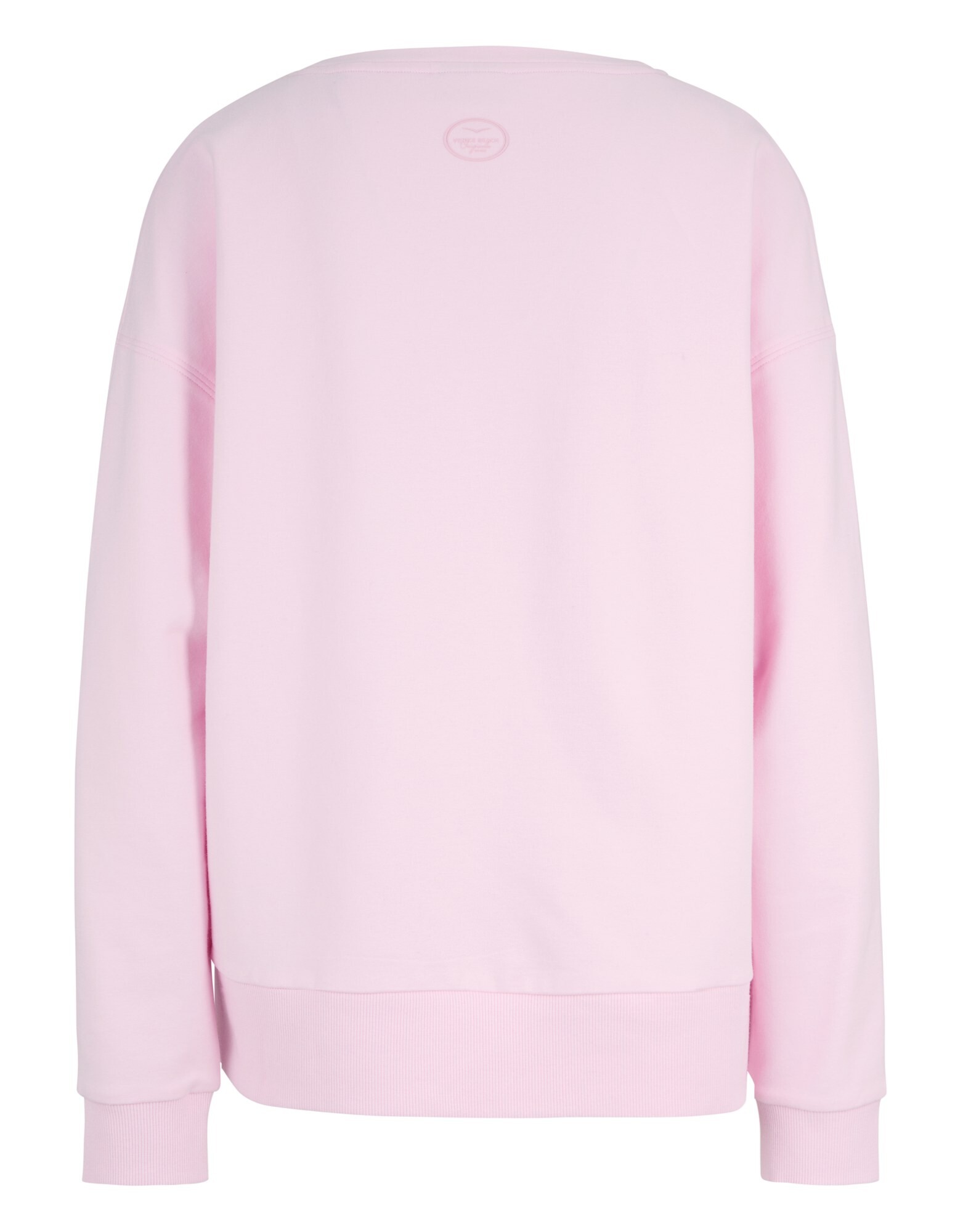 Rückansicht eines kuscheligen rosa Sweatshirts mit lockerer Passform und gerippten Bündchen.