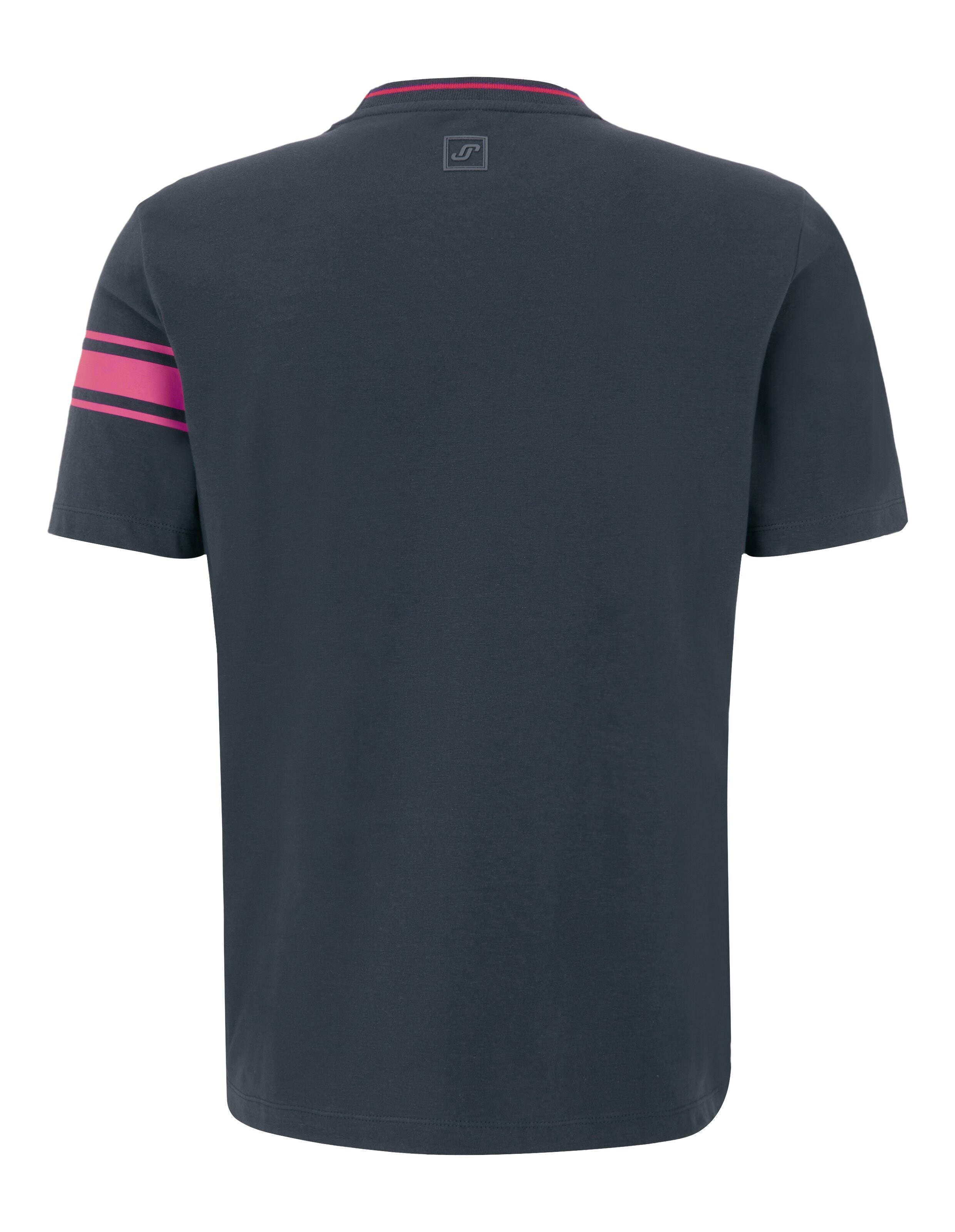 Dunkelgraues T-Shirt mit kurzen Ärmeln und zwei pinken Streifen am linken Ärmel, kleiner Logodruck oben in der Mitte.
