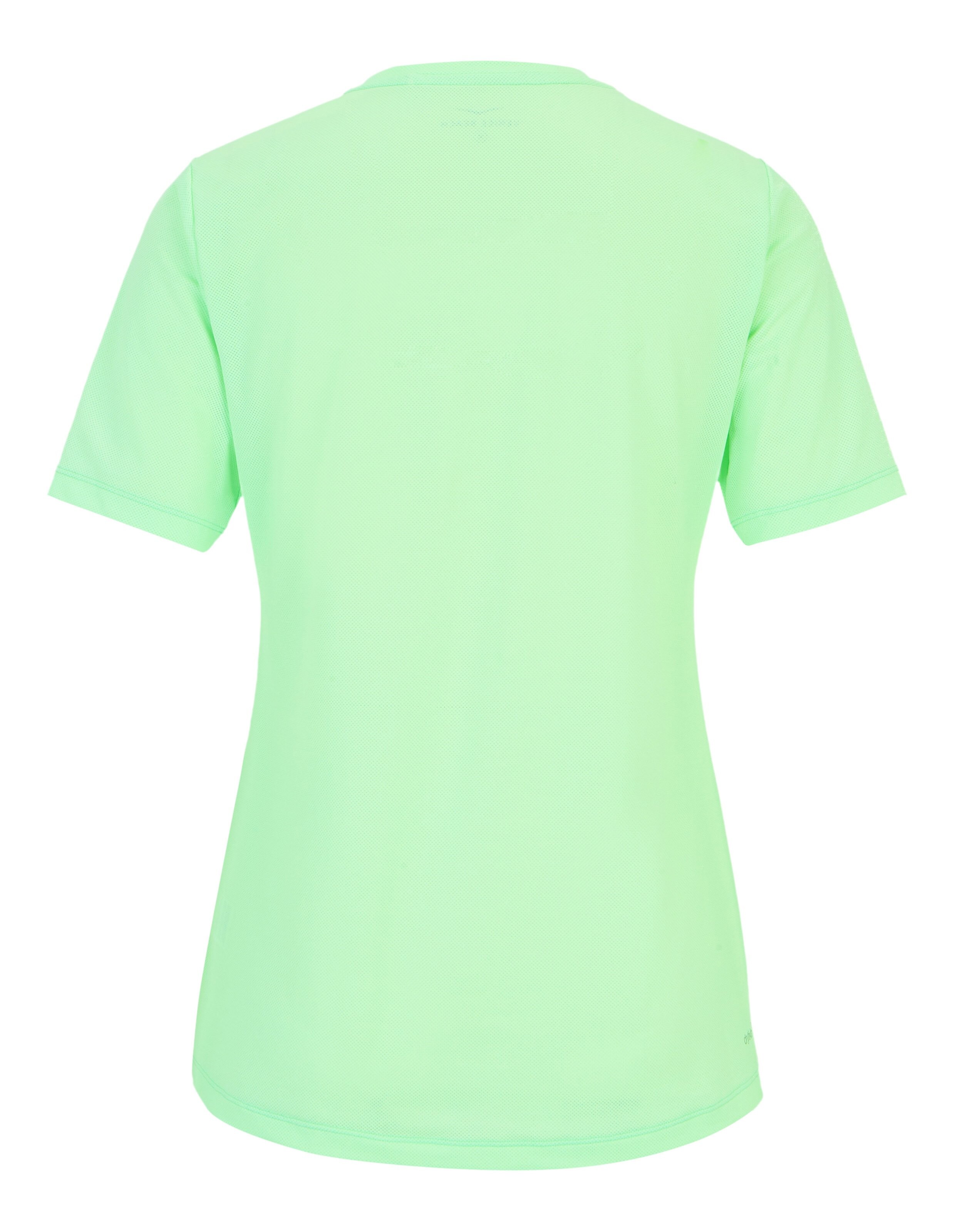 Rückansicht eines hellgrünen, kurzärmeligen Freizeit-T-Shirts aus strukturiertem Stoff.