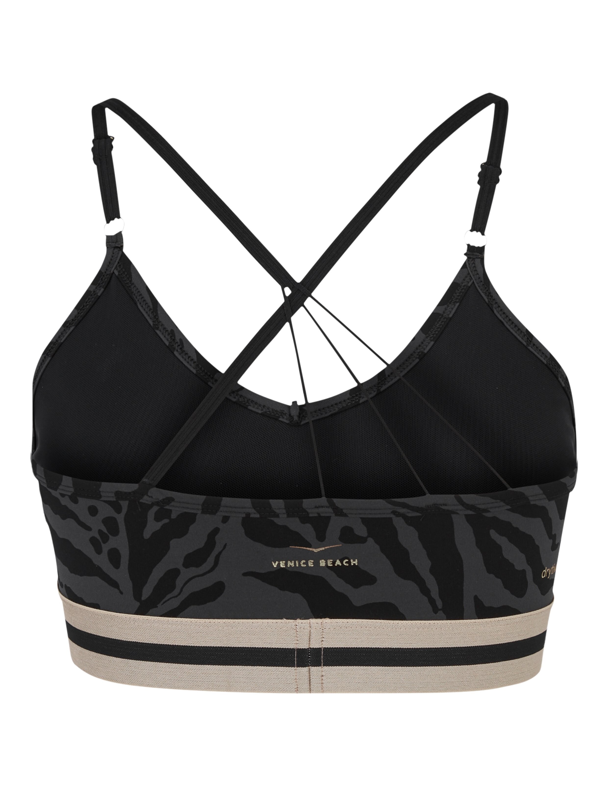 Schwarzer Venice Beach Sport-BH mit Animal-Print und gestreiftem Gummiband.