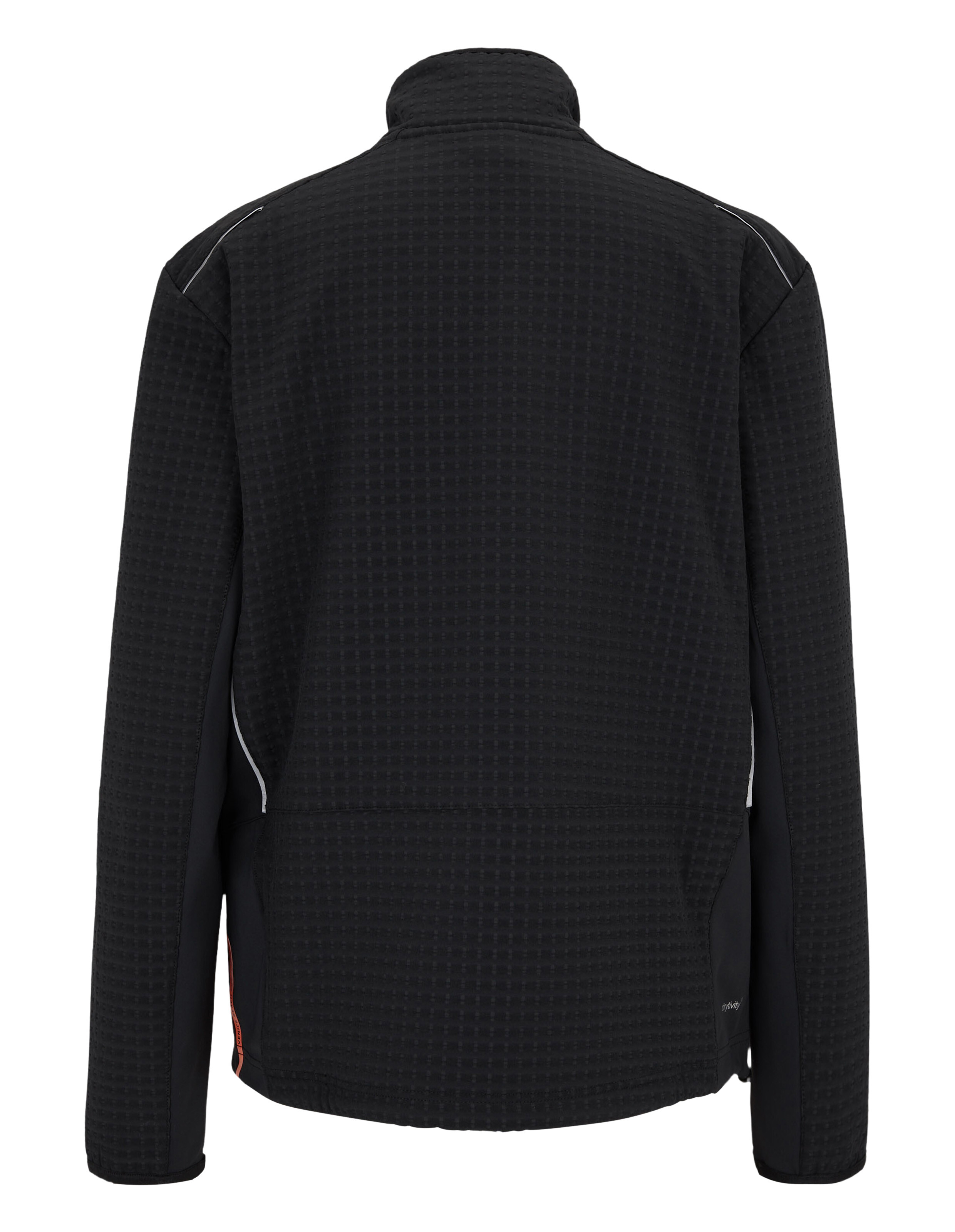 Schwarze strukturierte Jacke mit hohem Kragen und Seitentaschen, perfekt für den Freizeitgebrauch.