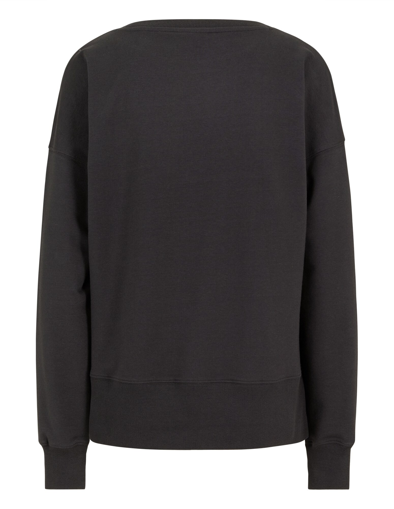 Rückansicht eines kuscheligen schwarzen Sweatshirts mit gerippten Bündchen und Saum.