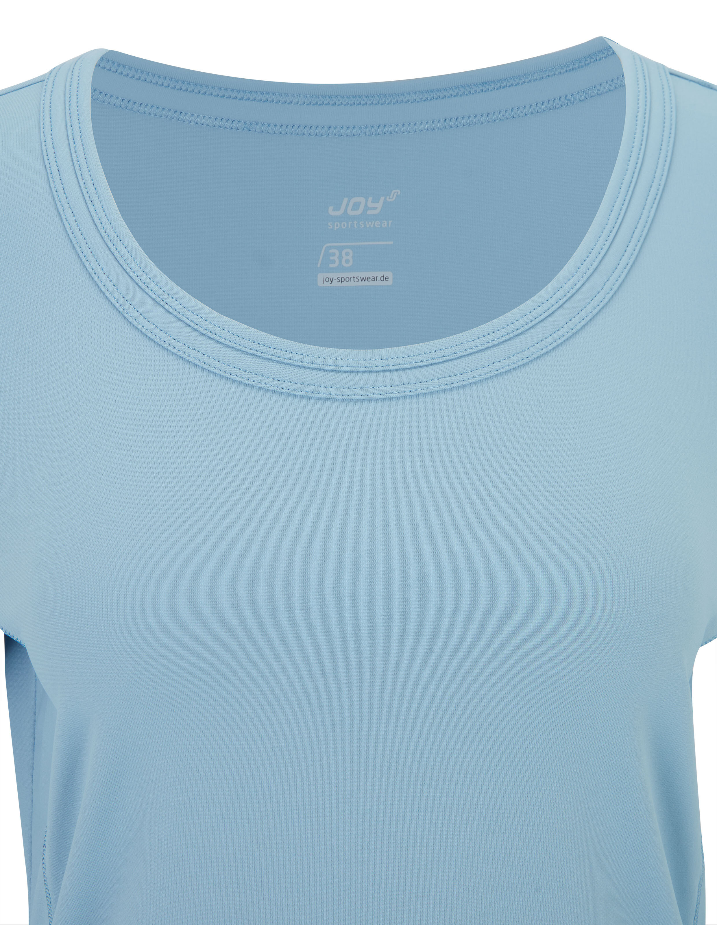 Hellblaues Shirt mit dreiviertellangen Ärmeln und rundem Halsausschnitt, schlichtes Design ohne Muster, für Damen.