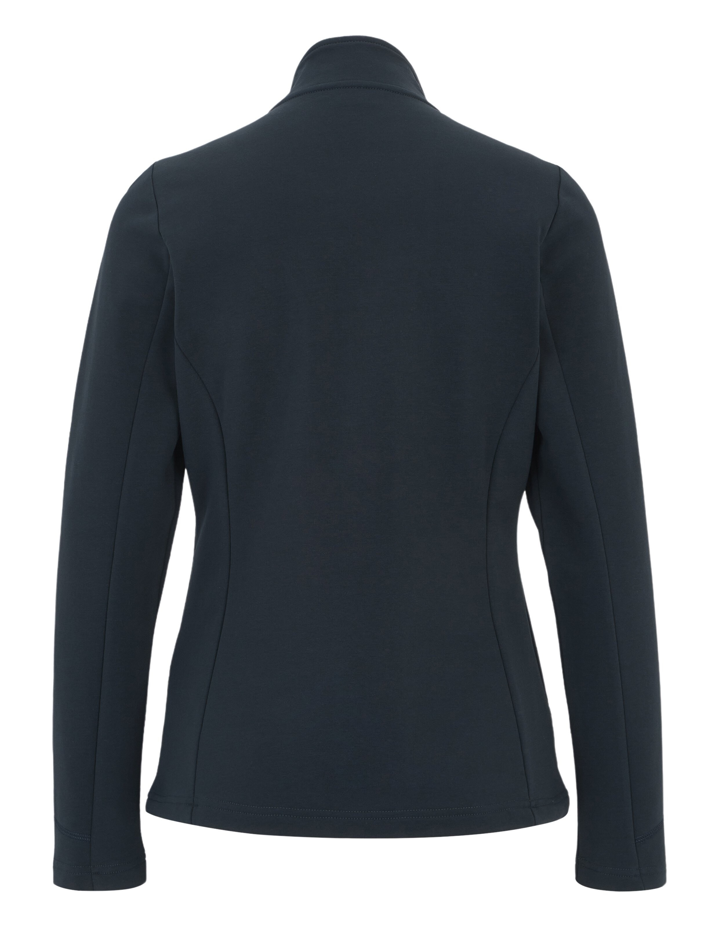 Dunkelblauer, langärmliger Blazer mit Stehkragen, Rückansicht, betont durch schlichtes, elegantes Design ohne sichtbare Knöpfe.