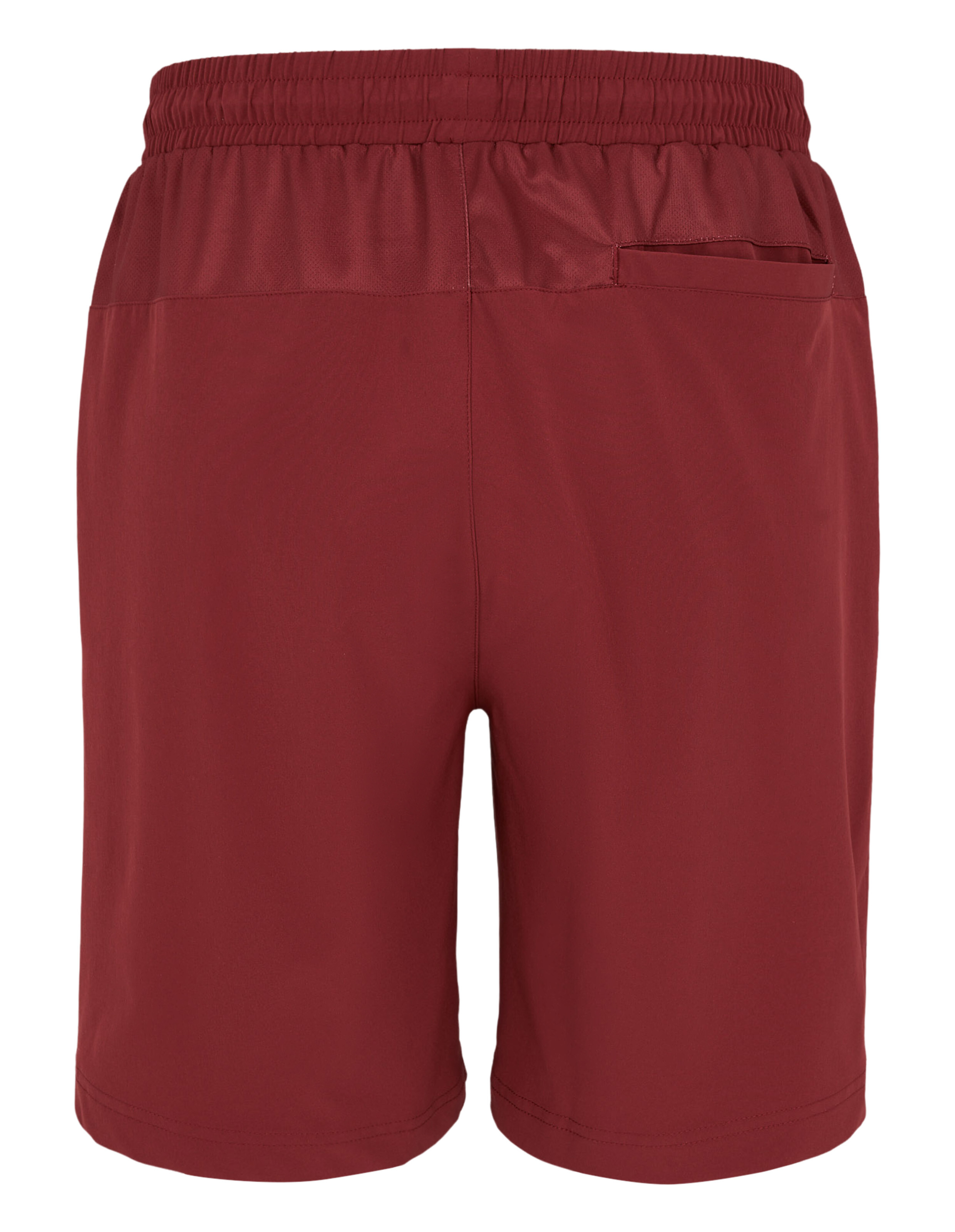 Rote Sportshorts mit elastischem Bund und minimalem Detail auf der Rückseite, aus glattem Stoff ohne sichtbare Logos.