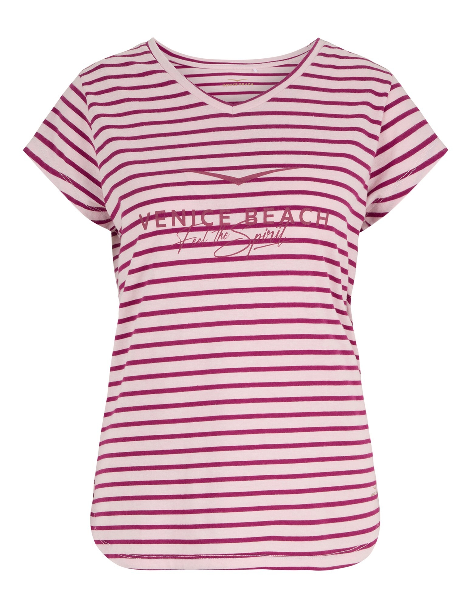Gestreiftes, rosa-weißes Freizeit-T-Shirt mit „Venice Beach“-Aufdruck.