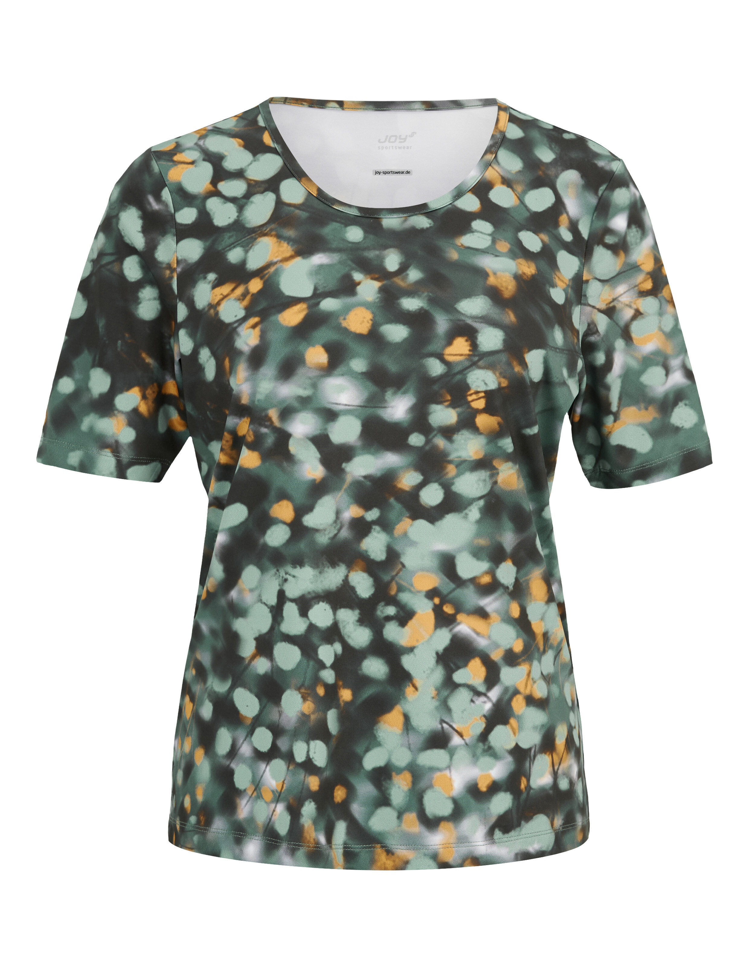 Kurzärmliges Freizeit-T-Shirt für Damen mit abstraktem Punktmuster in Grün und Gelb.