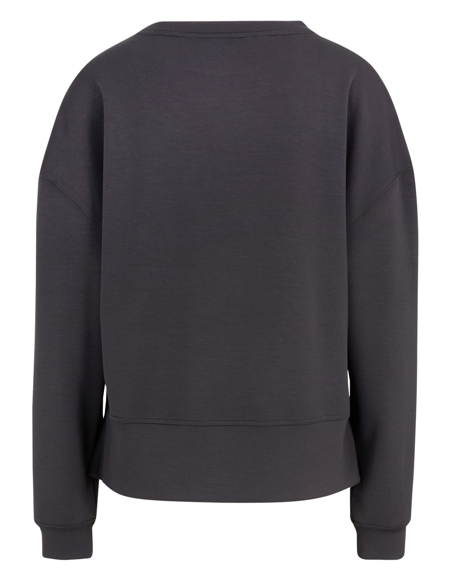 Rückansicht eines gemütlichen dunkelgrauen Sweatshirts mit entspannter Passform und langen Ärmeln.