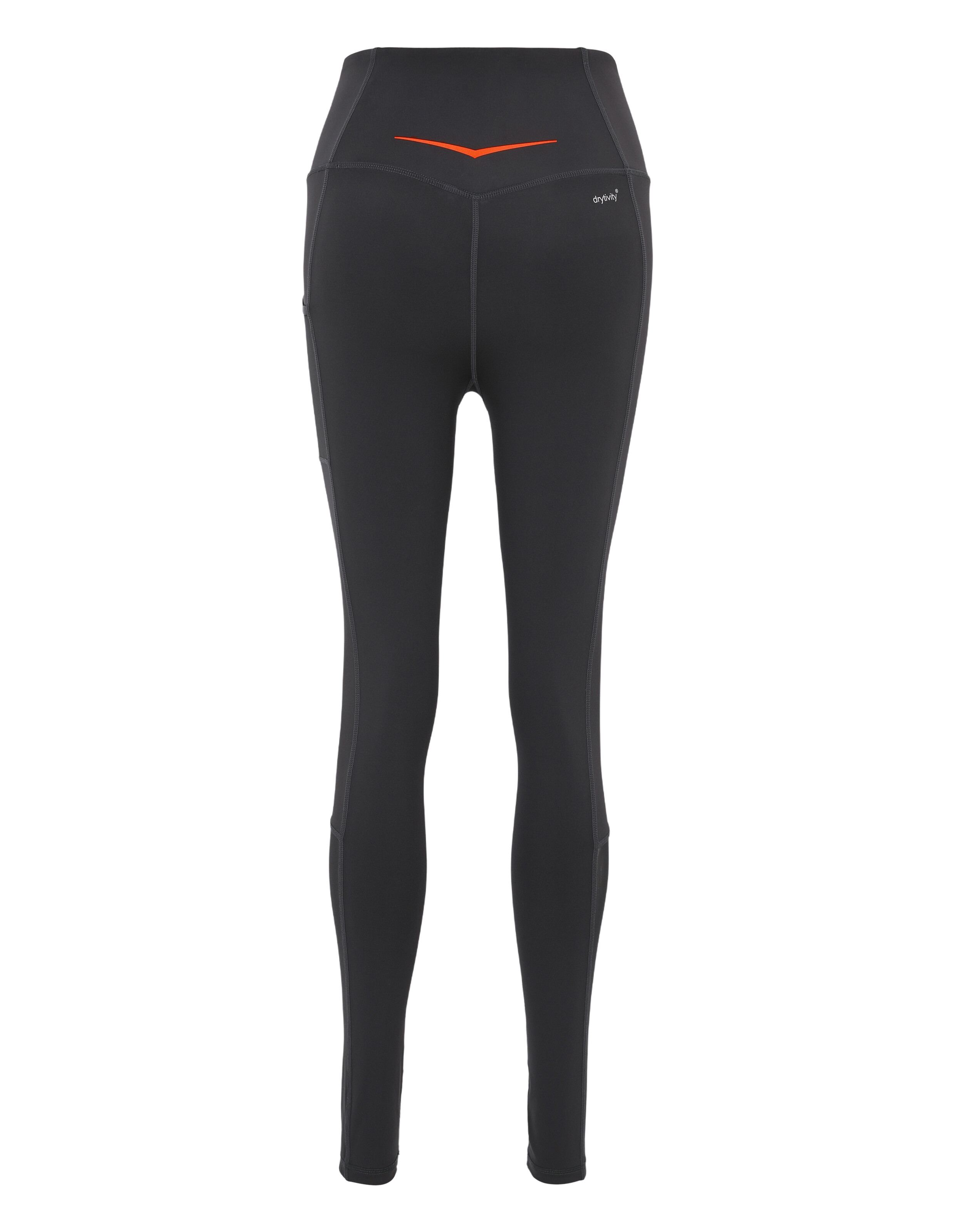 Schwarze Leggings mit hohem Bund und orangefarbenen Details, ideal für Freizeitkleidung.