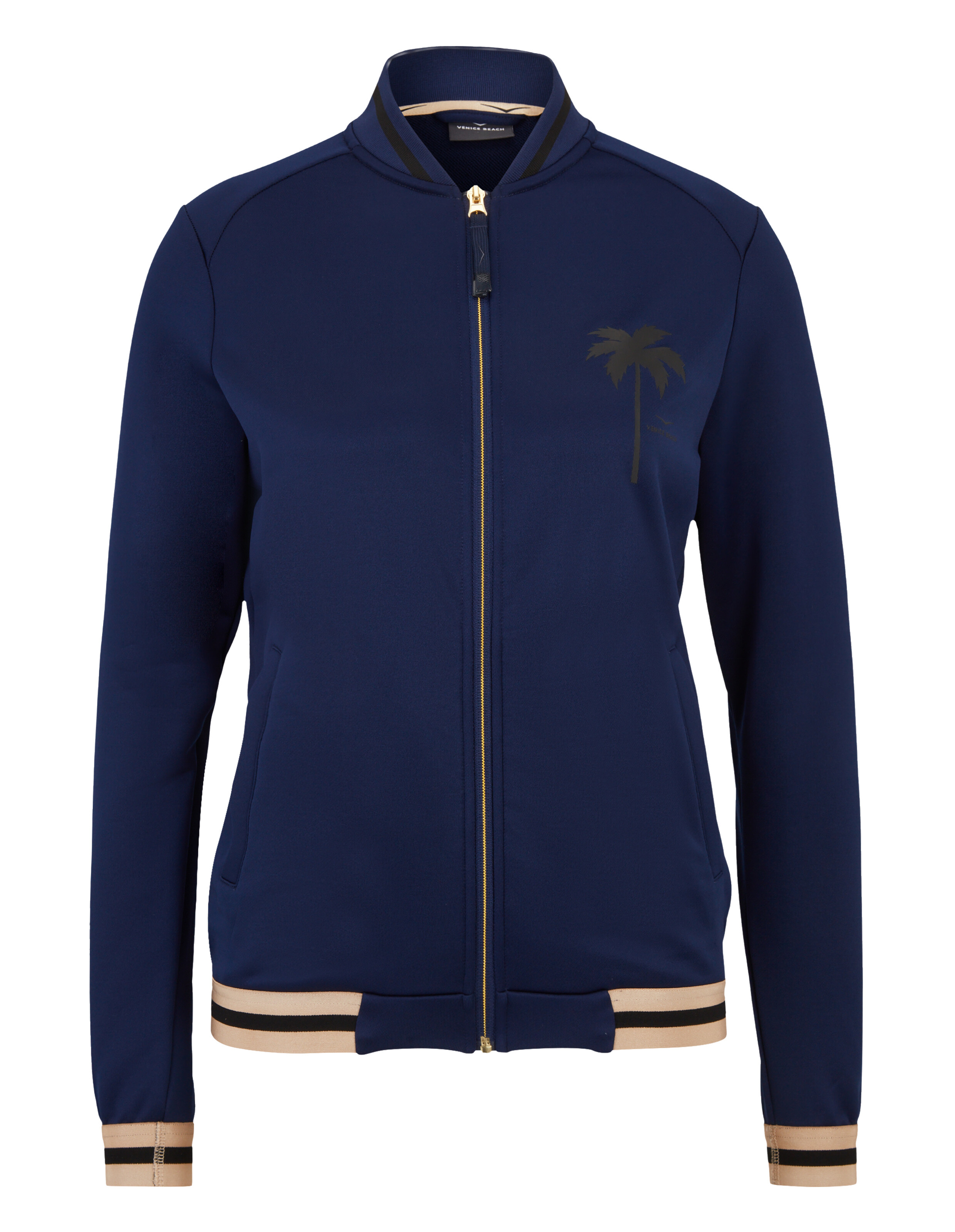 Marineblaue Bomberjacke mit Reißverschluss, Palmenprint und gestreiftem Rippstrickbesatz.