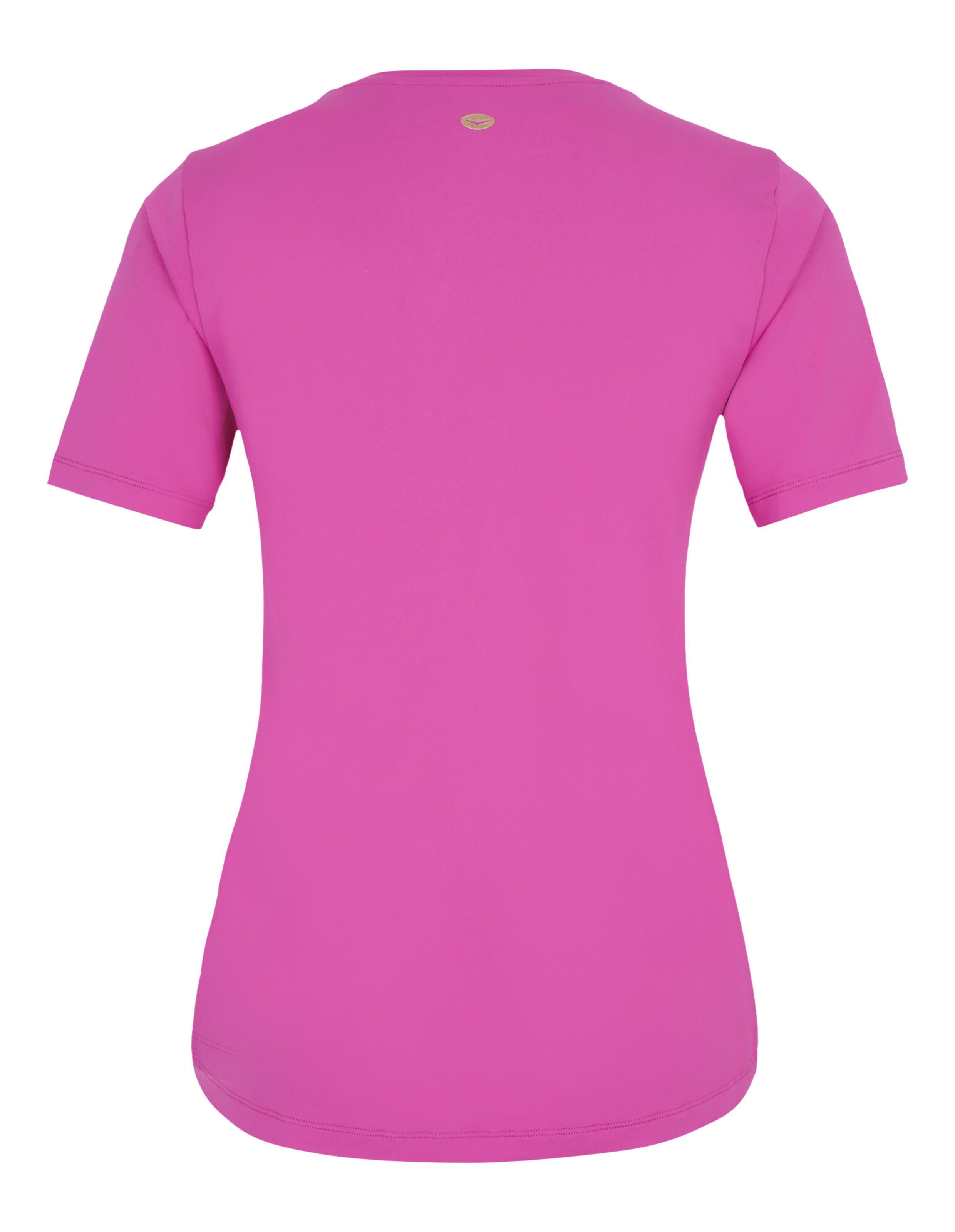 Rückansicht eines leuchtend rosafarbenen, lässigen Kurzarm-T-Shirts mit kleinem Logo am Ausschnitt.