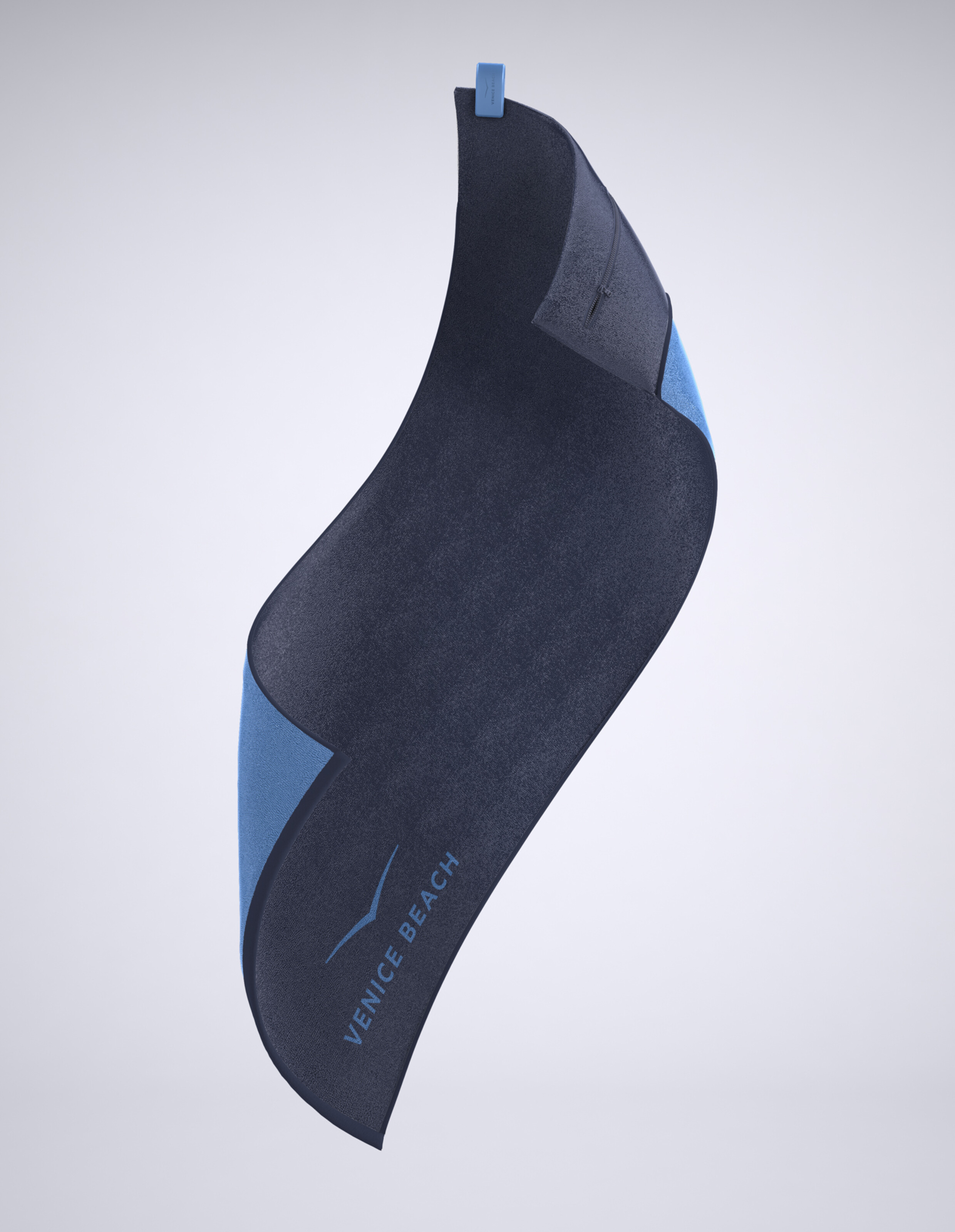 Stilvolles dunkelblaues Strandtuch mit hellblauen Akzenten und Venice Beach-Branding.