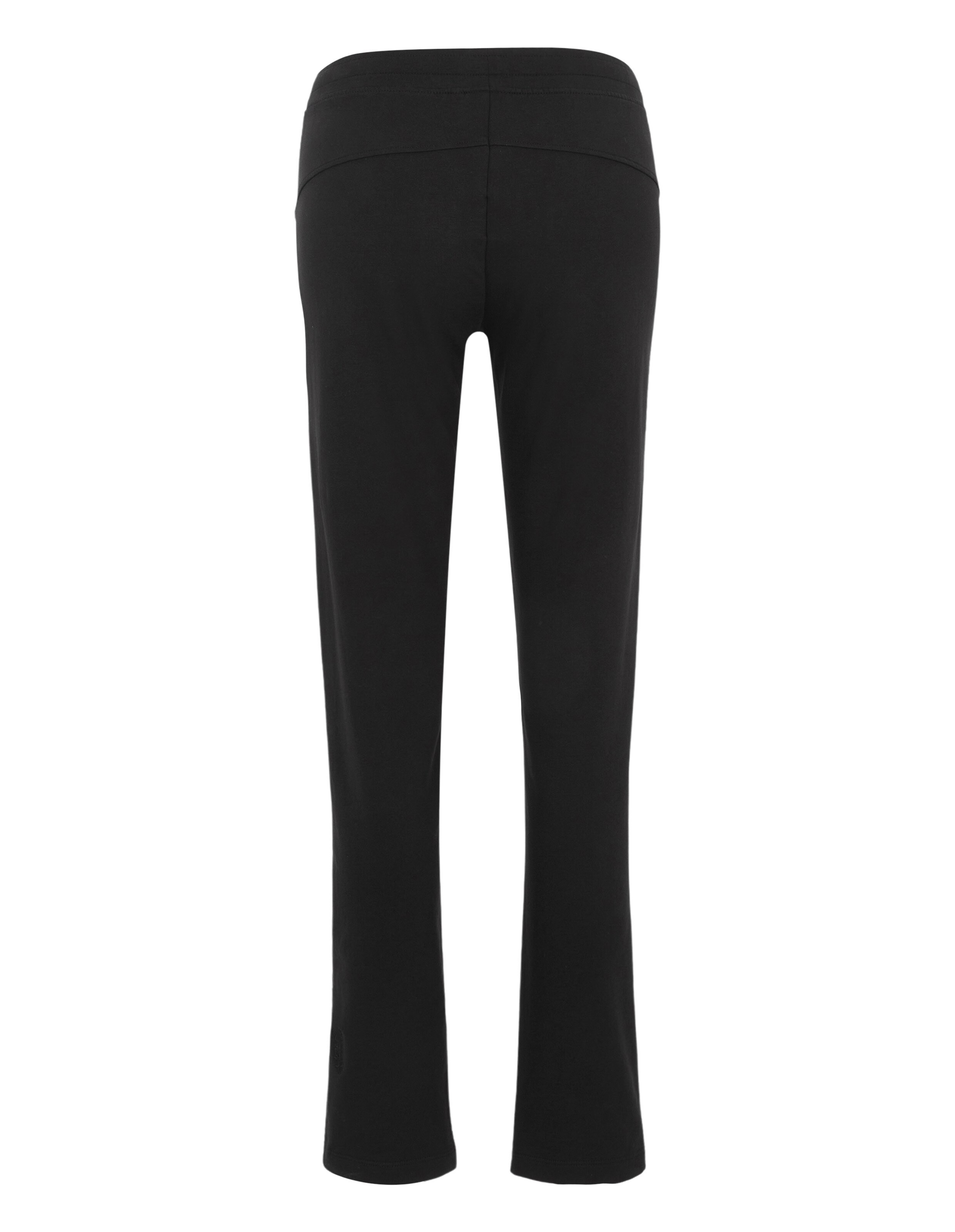 Schwarze Damenhose mit geradem Schnitt und breitem Bund, Rückansicht, aus elastischem Material für bequemen Tragekomfort.