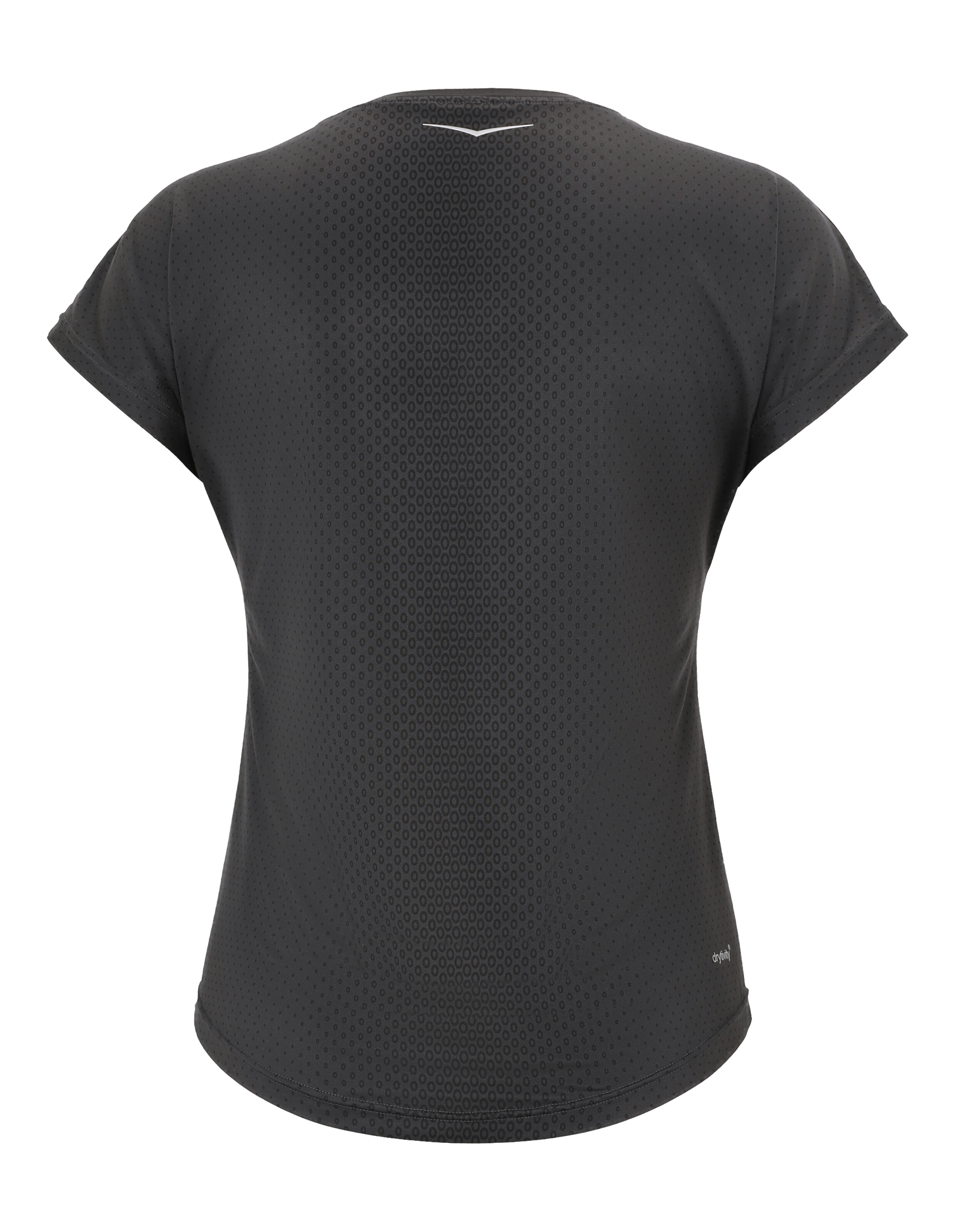 Rückansicht eines schwarzen, kurzärmeligen Sport-T-Shirts mit dezenter Wabenstruktur.
