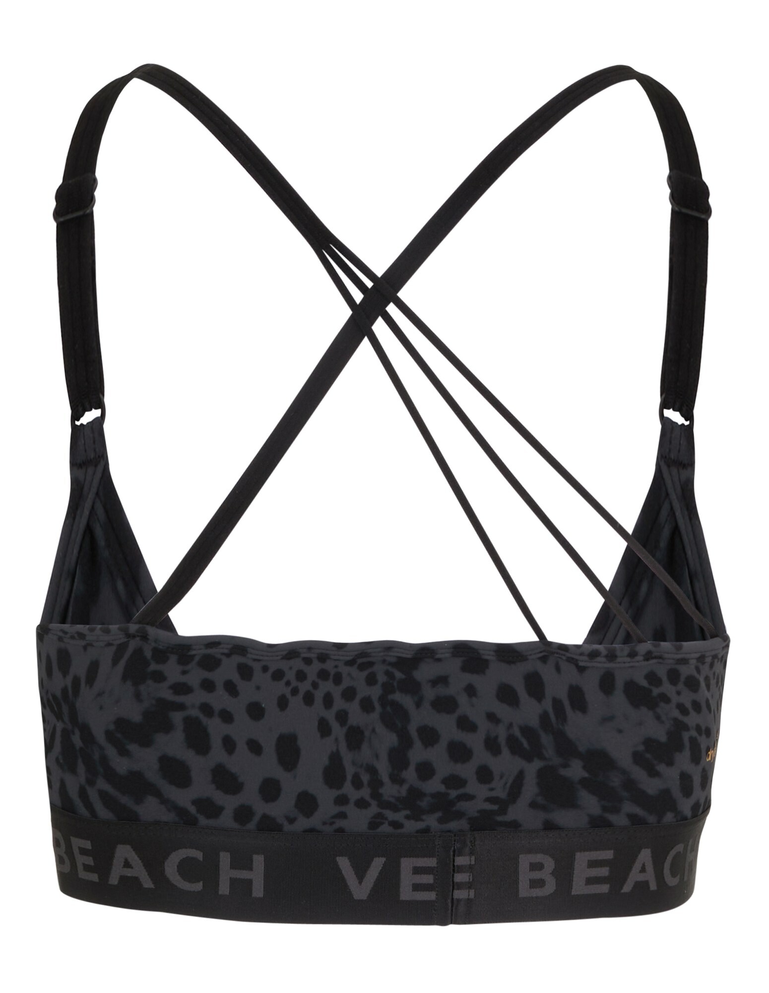 Schwarzes Bralette mit Leopardenmuster, überkreuzten Trägern und Logoband.