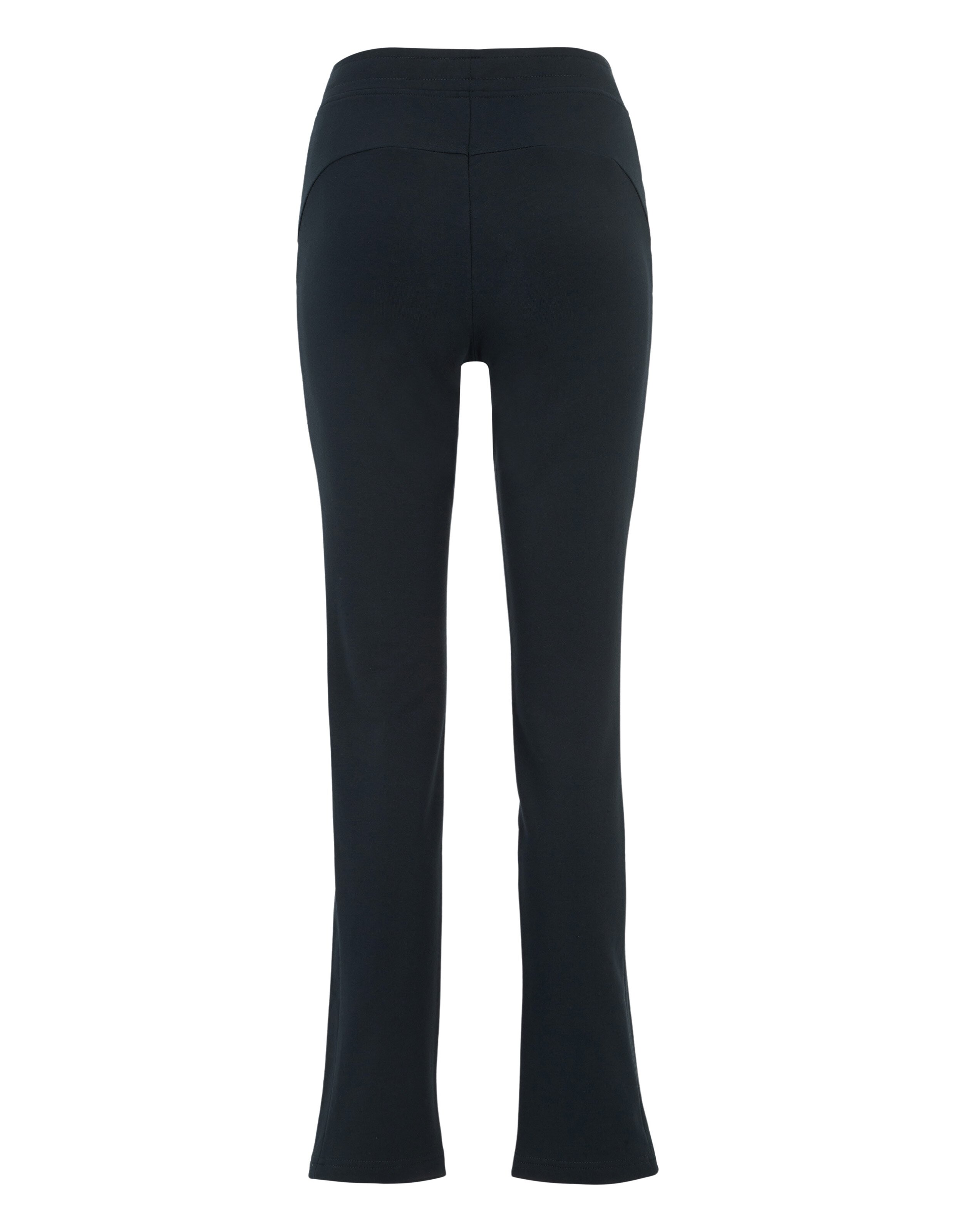 Schwarze Damenhose aus Stoff mit geradem Schnitt und hohem Bund, von hinten betrachtet, auf weißem Hintergrund.