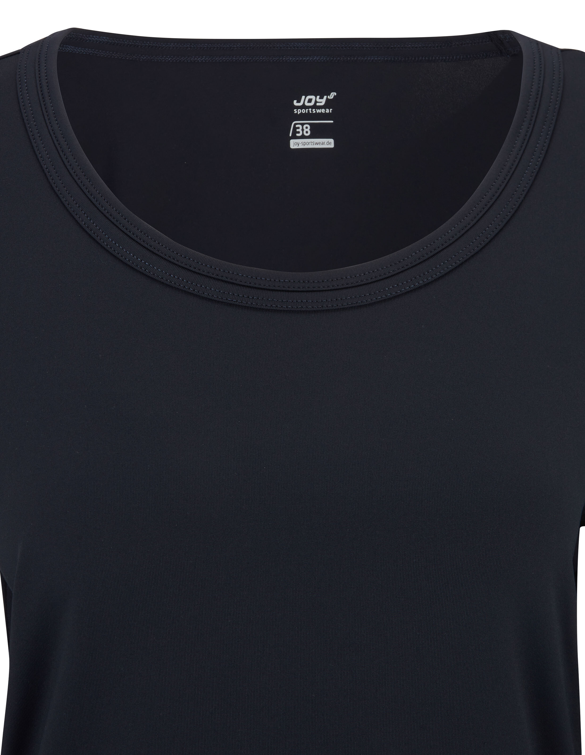 Schwarzes Sport-T-Shirt mit rundem Halsausschnitt, Größe 38, zeigt eine schlichte, glatte Oberfläche ohne Muster oder Aufdruck.