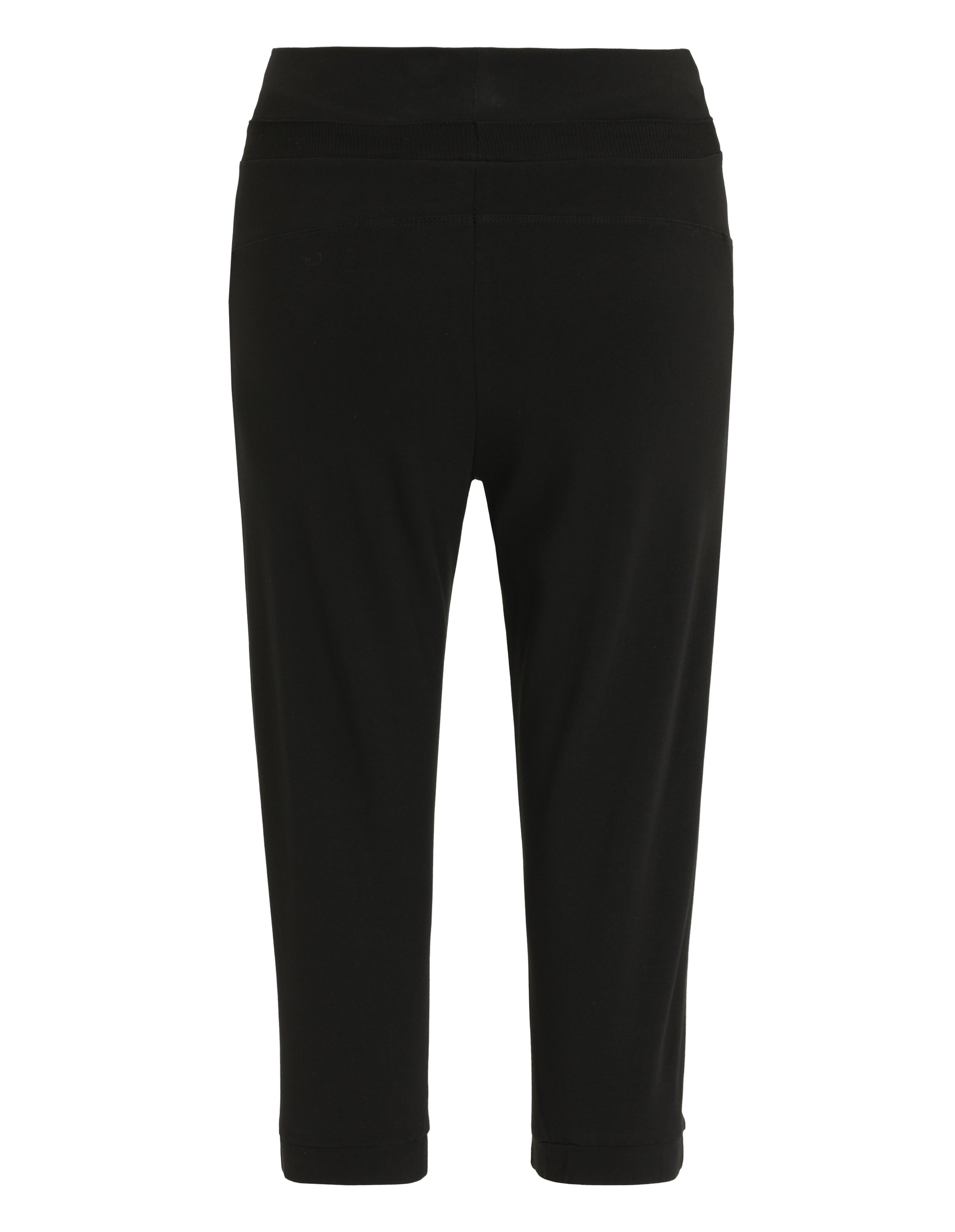 Rückansicht einer schwarzen, lässigen Loungehose mit bequemem elastischem Bund.