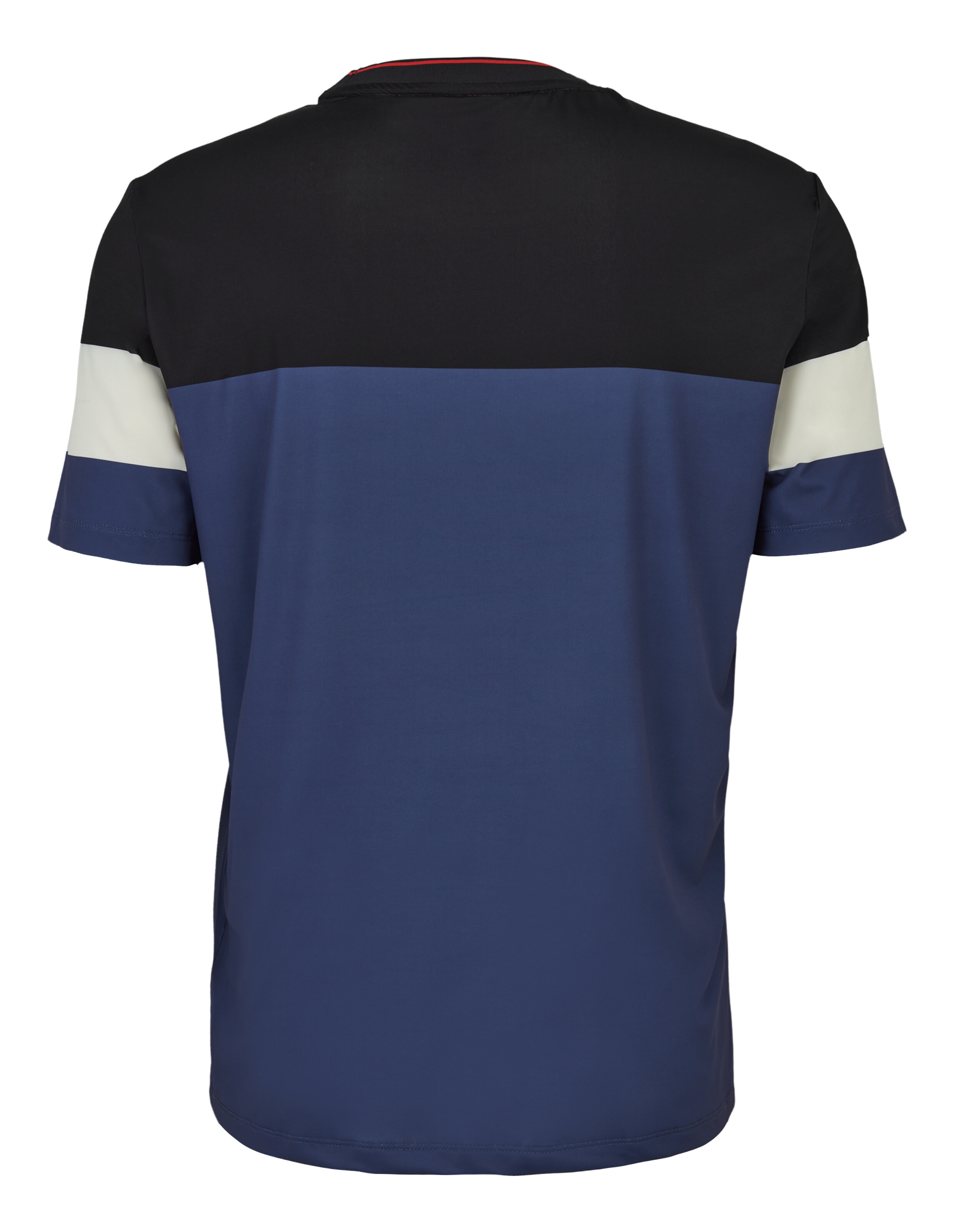 Rückansicht eines lässigen Farbblock-T-Shirts in Marineblau, Schwarz und Weiß.