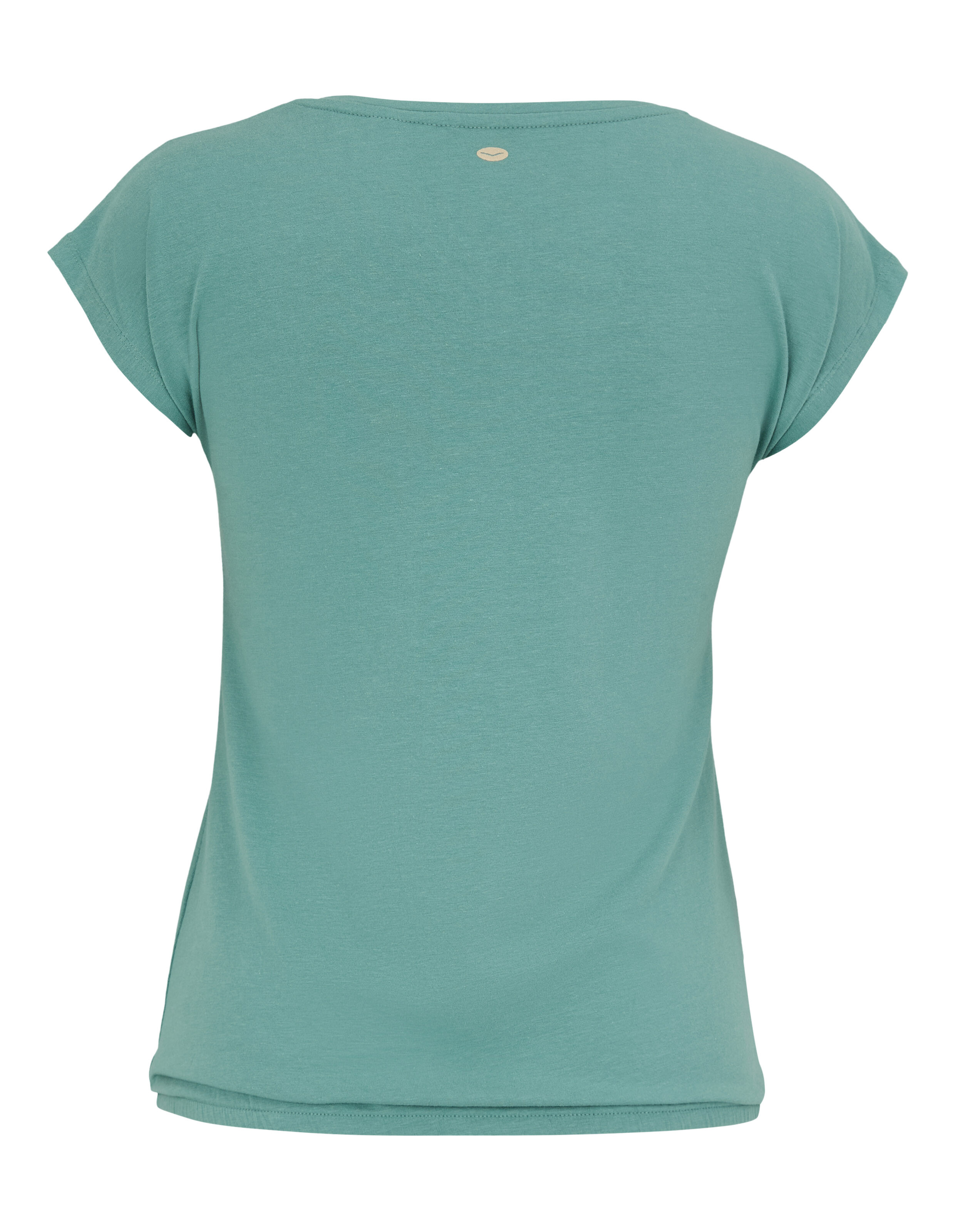 Rückansicht eines gemütlichen, salbeigrünen Freizeit-T-Shirts mit kurzen Ärmeln für entspanntes Tragen im Alltag.