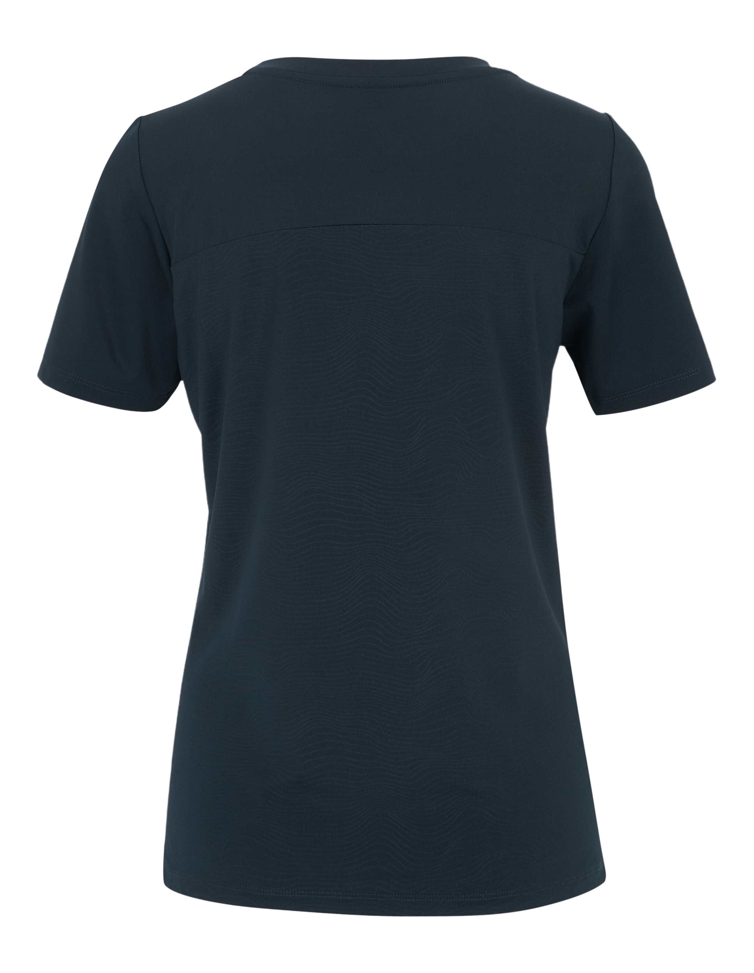 Rückansicht eines dunkelblauen T-Shirts aus Baumwolle mit kurzen Ärmeln und einem einfachen, geraden Schnitt.