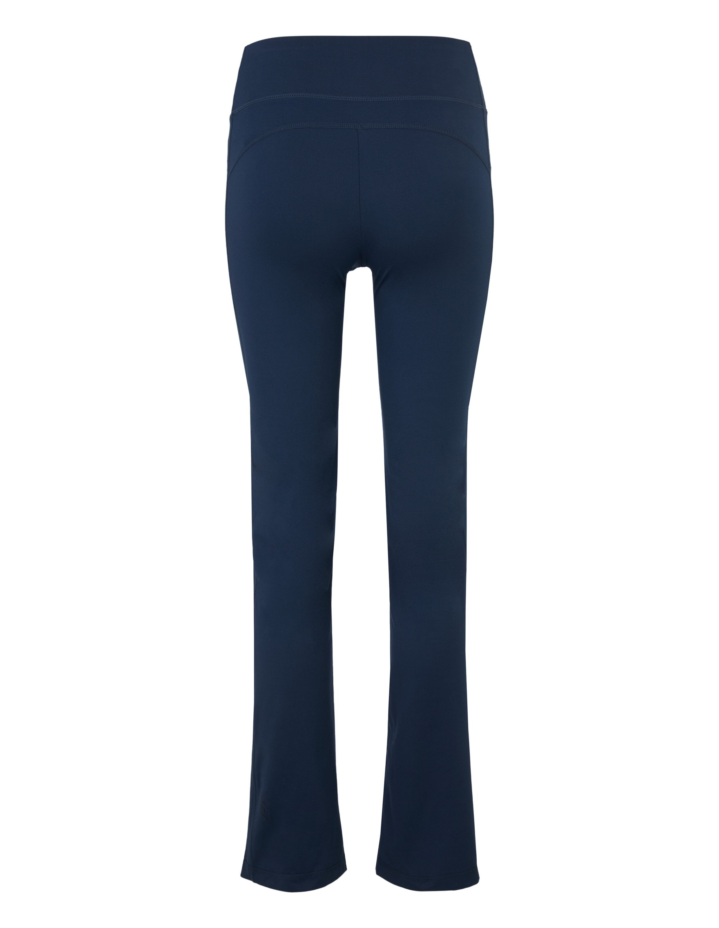 Dunkelblaue Damenhose mit hohem Bund und ausgestelltem Bein, von hinten gesehen, aus glattem Stoff mit Teilungsnähten.