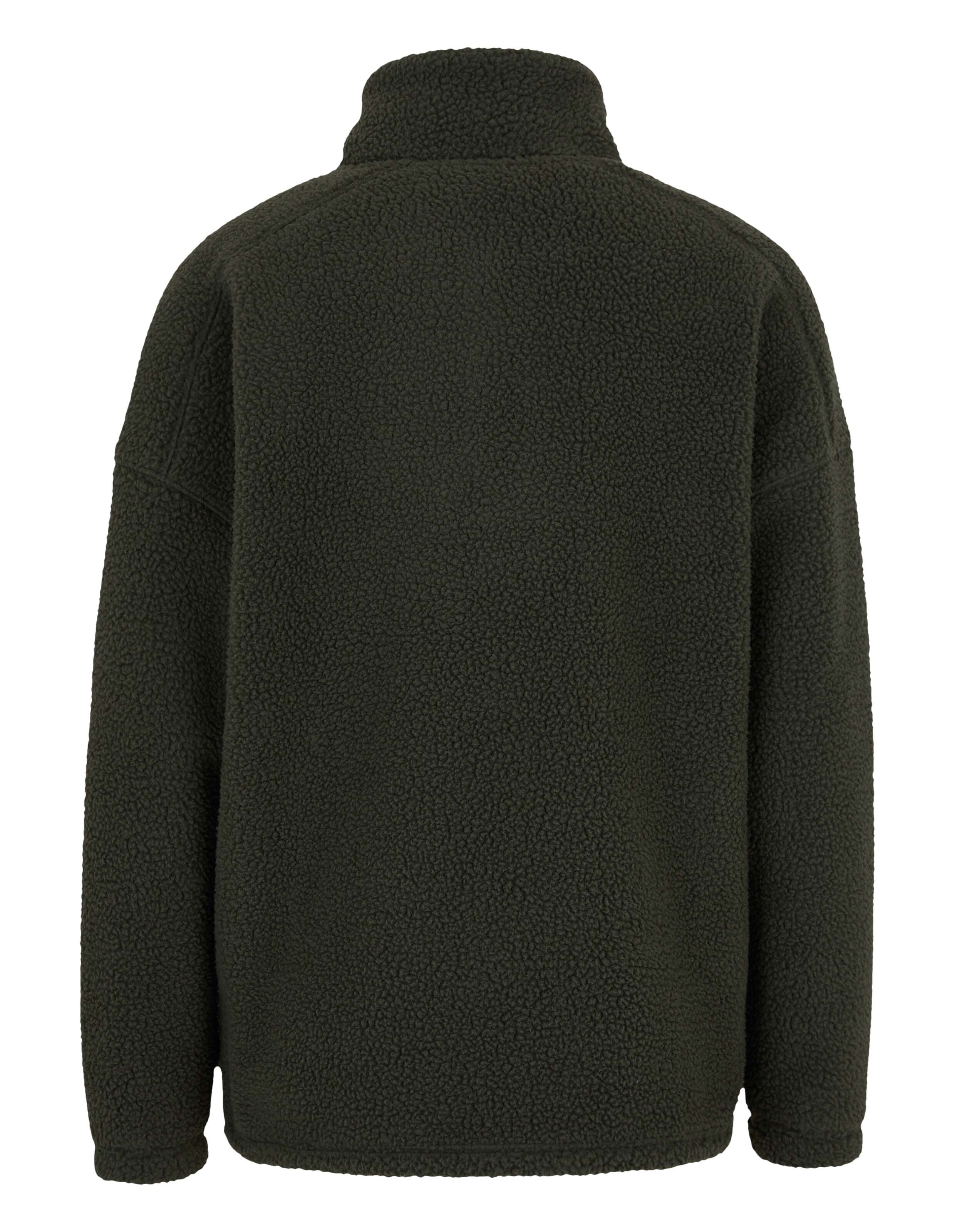 Rückansicht eines kuscheligen dunkelgrünen Teddyfleece-Pullovers mit hohem Kragen.