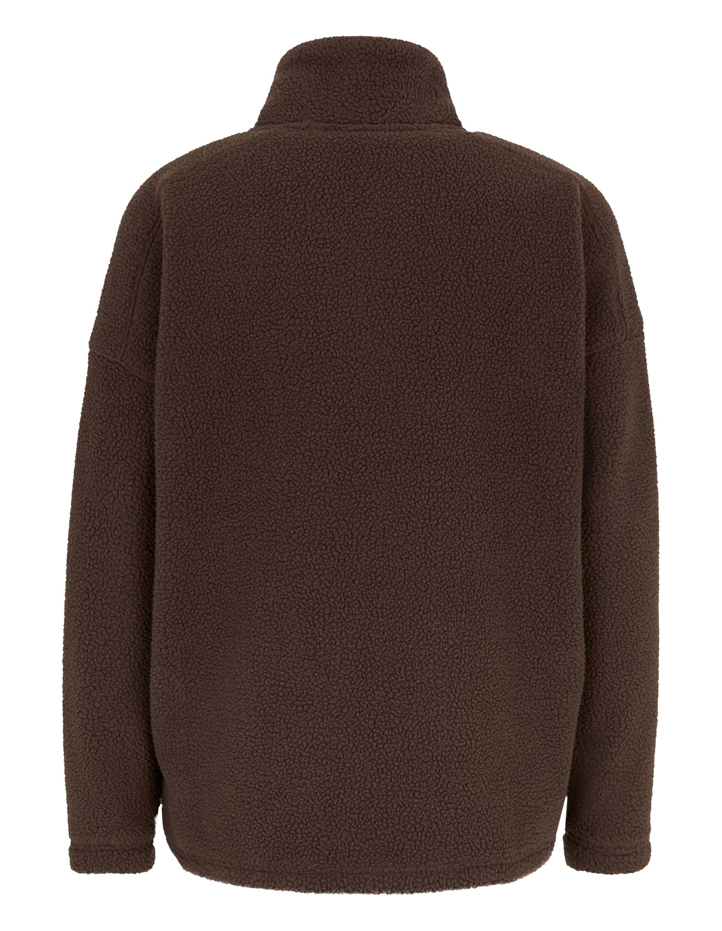 Rückansicht eines kuscheligen dunkelbraunen Teddyfleece-Pullovers mit hohem Kragen für lässige Loungewear.