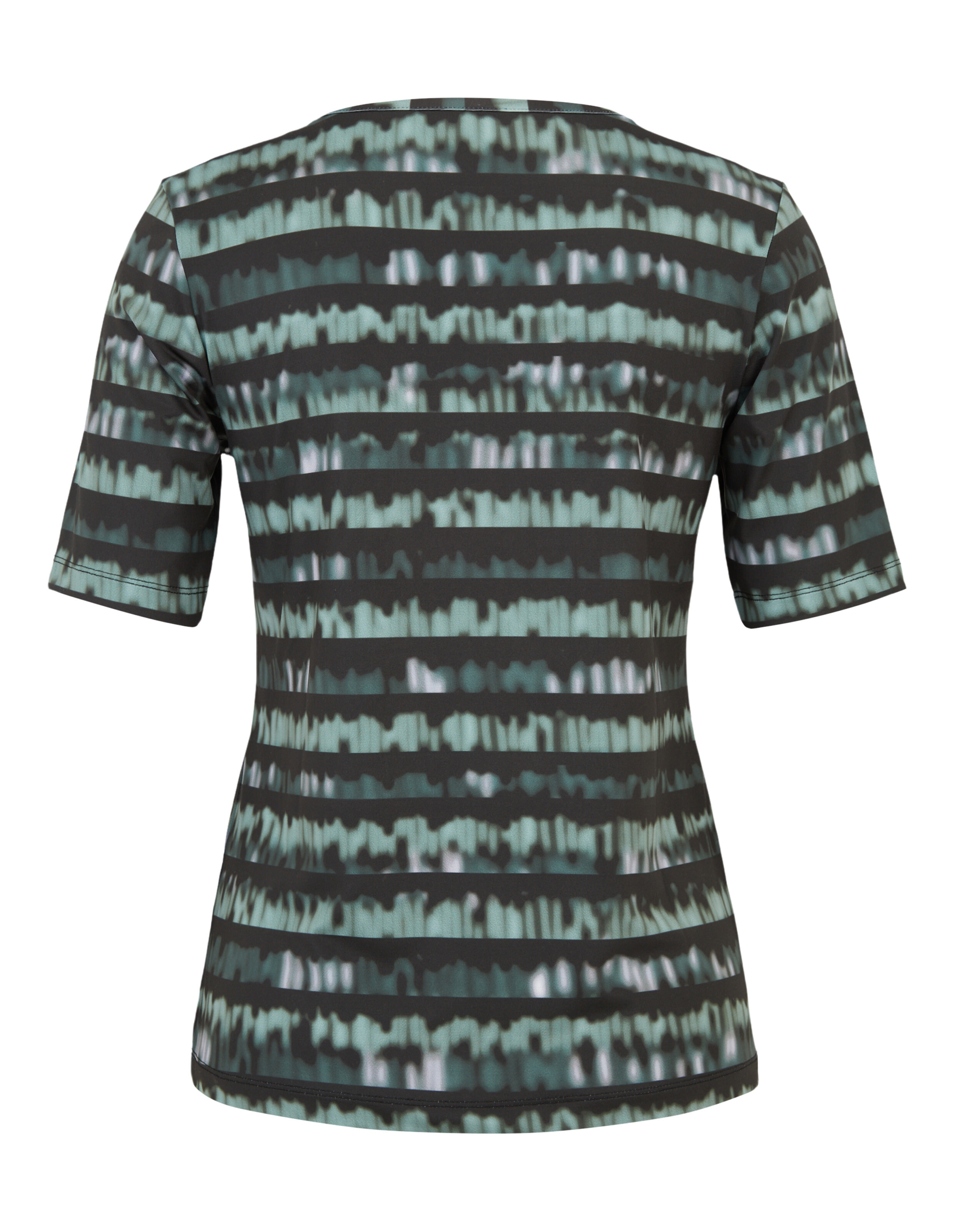 Kurzärmliges Shirt mit breiten, unregelmäßigen horizontalen Streifen in Schwarz und Grüntönen, Rückansicht.