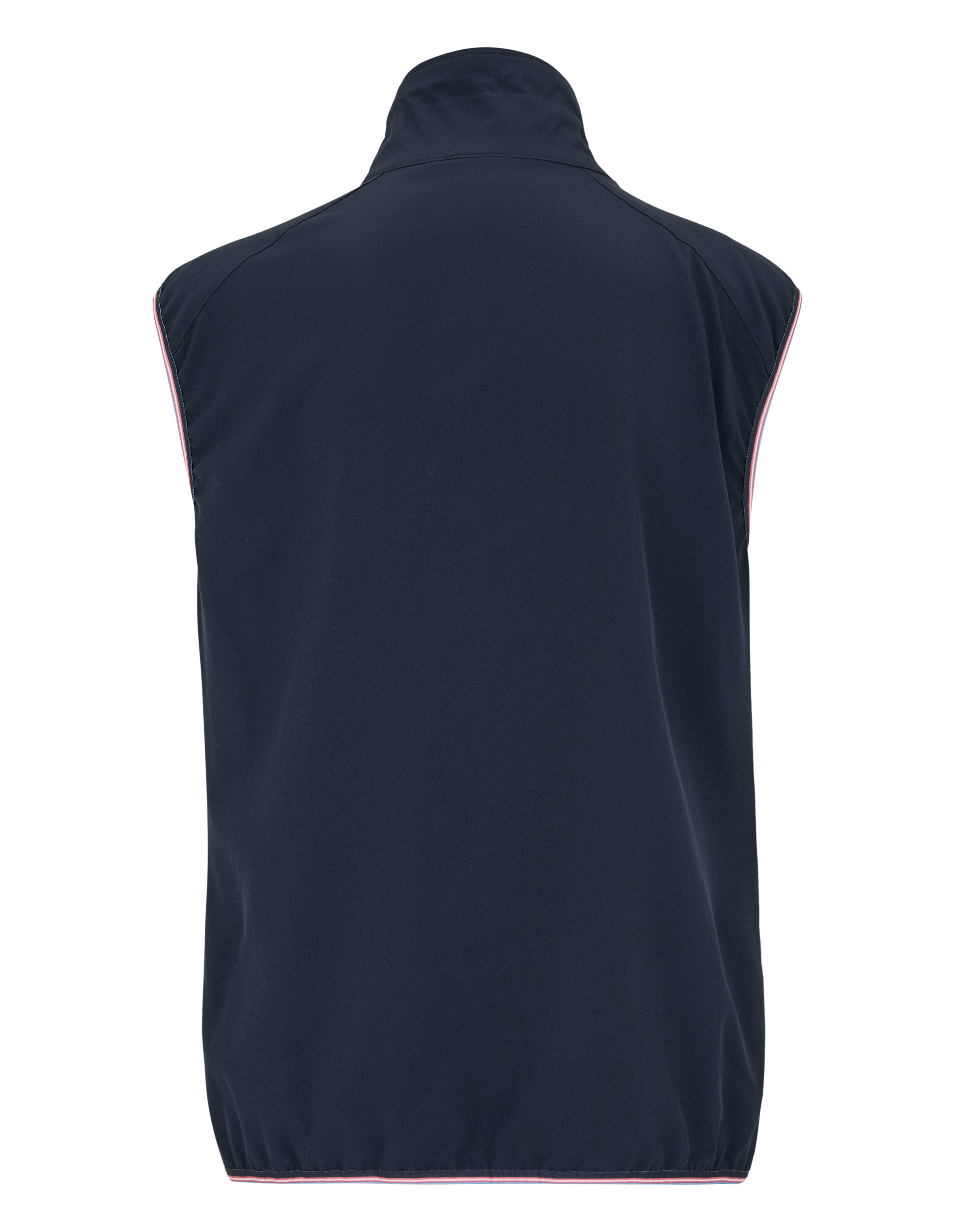 Rückansicht einer marineblauen ärmellosen Weste mit hohem Kragen und sportlichem Design.