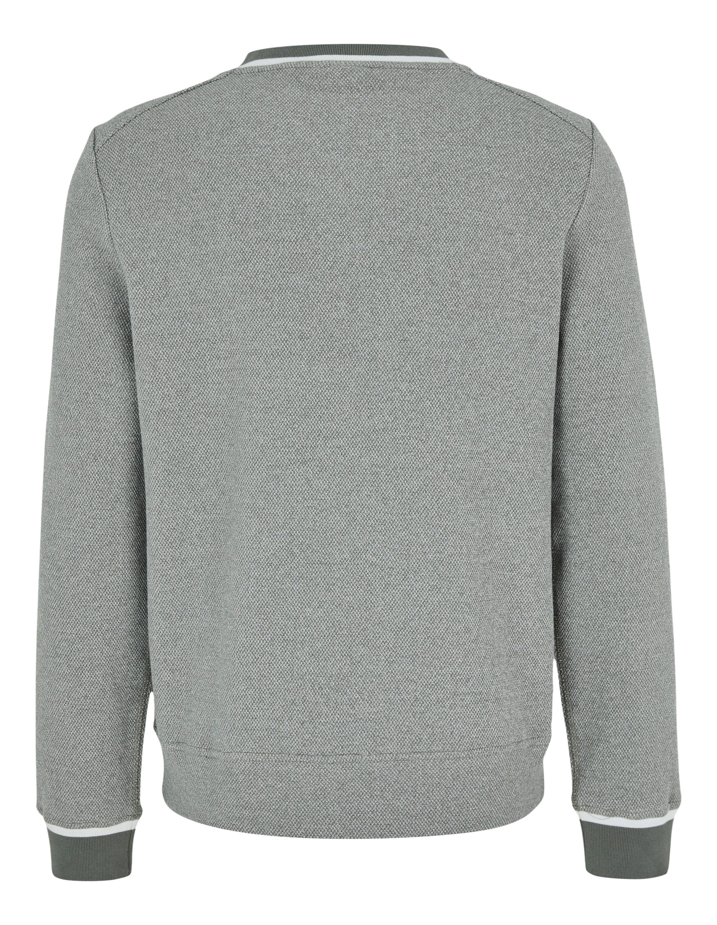 Rückansicht eines kuscheligen grauen Sweatshirts mit geripptem Kragen und Bündchen.