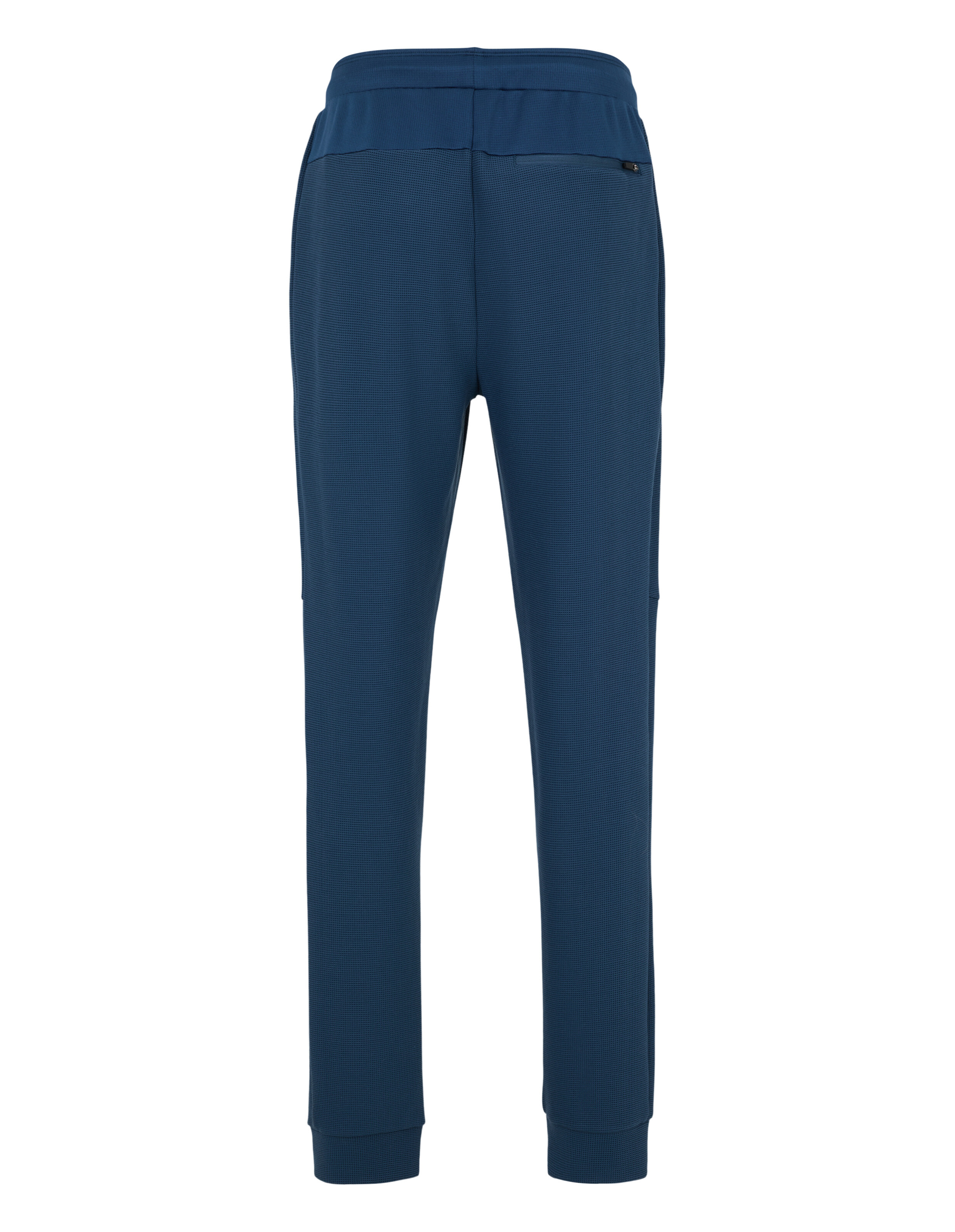 Rückansicht einer marineblauen Freizeit-Jogginghose mit elastischem Bund und Taschen.