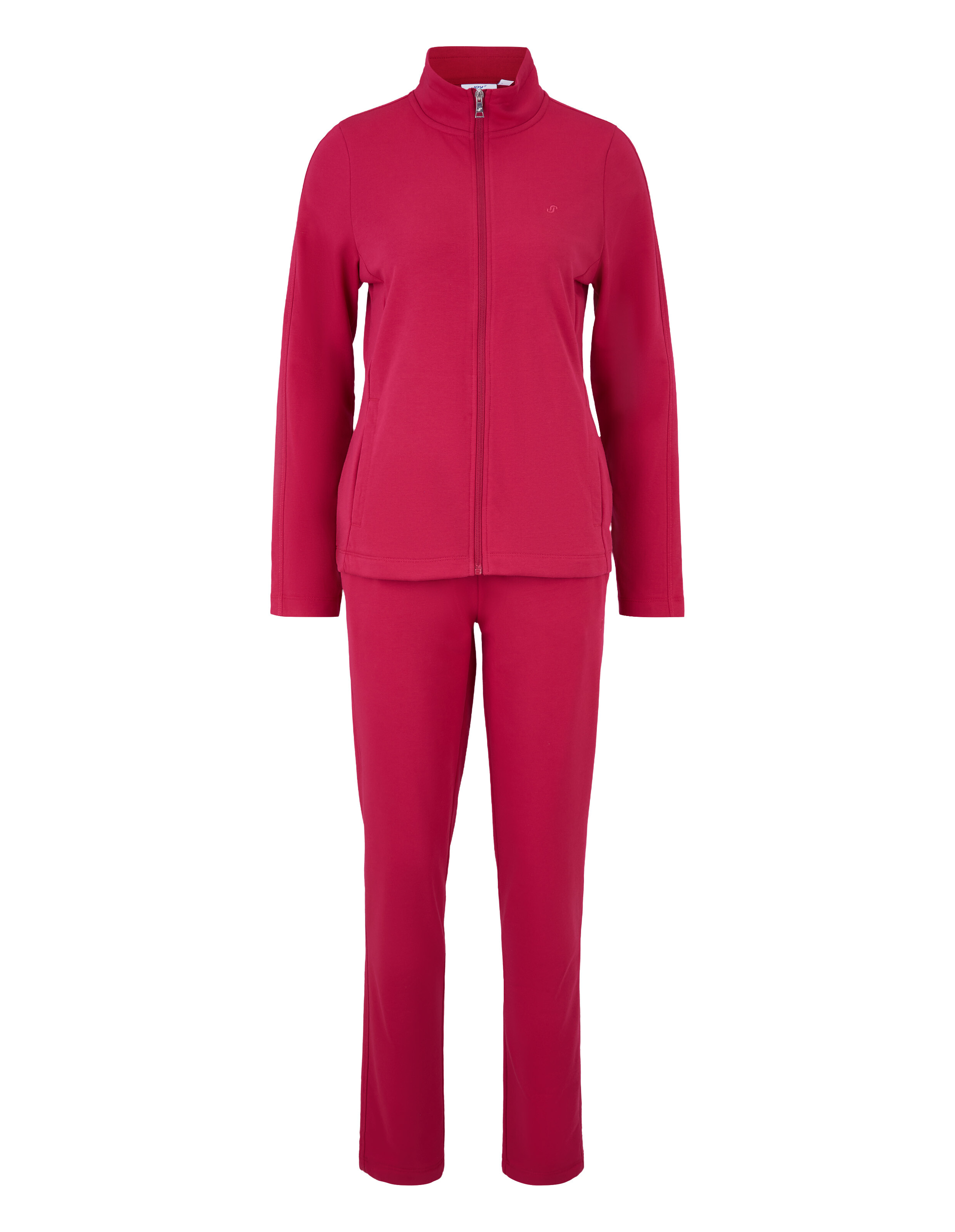 Roter Freizeitanzug mit langen Ärmeln und Reißverschluss an der Jacke, passende lange Hosen, bequemer und schlichter Stil.
