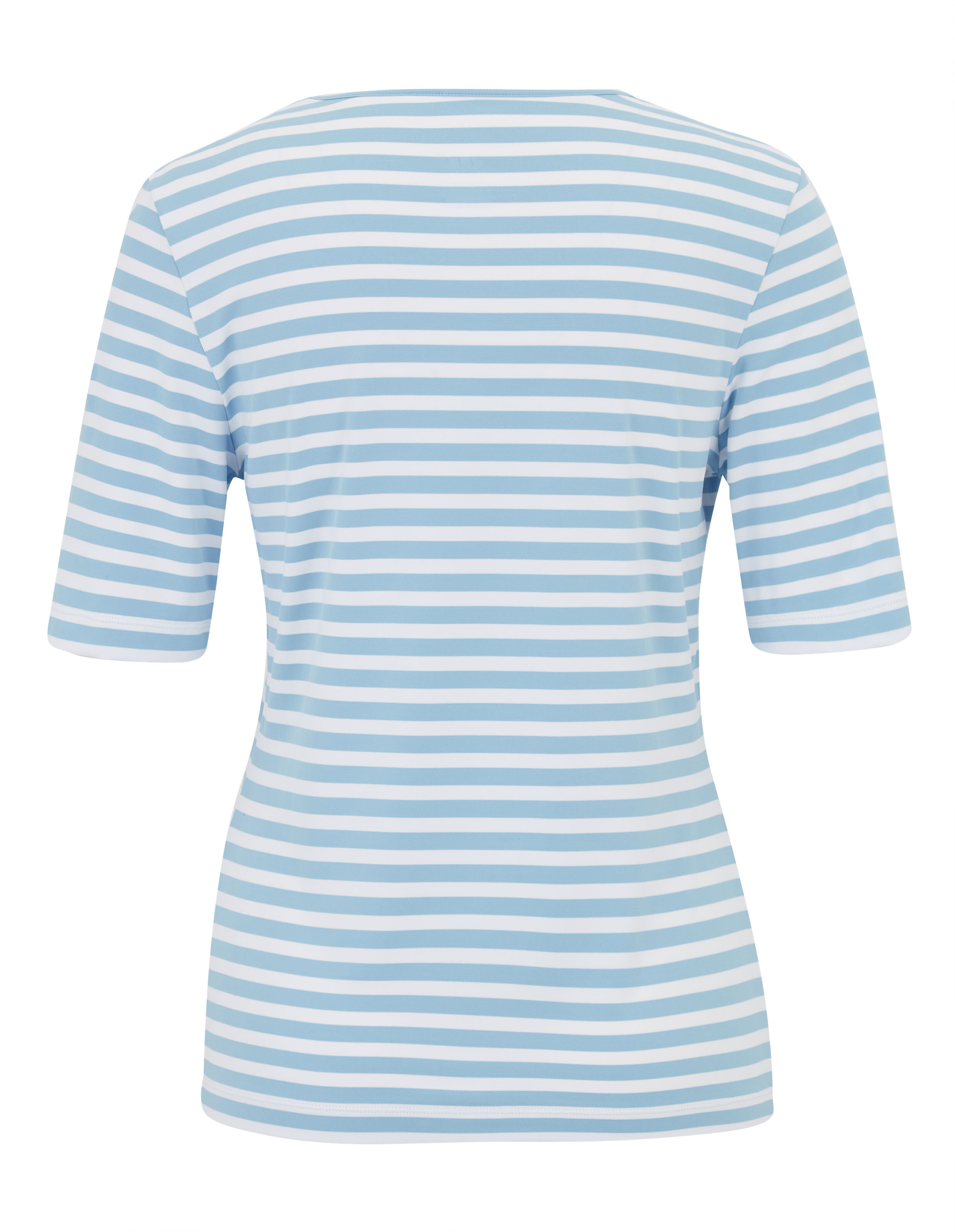 Hellblau-weiß gestreiftes T-Shirt mit Rundhalsausschnitt und kurzen Ärmeln, regelmäßiges Streifenmuster und figurbetonter Schnitt.