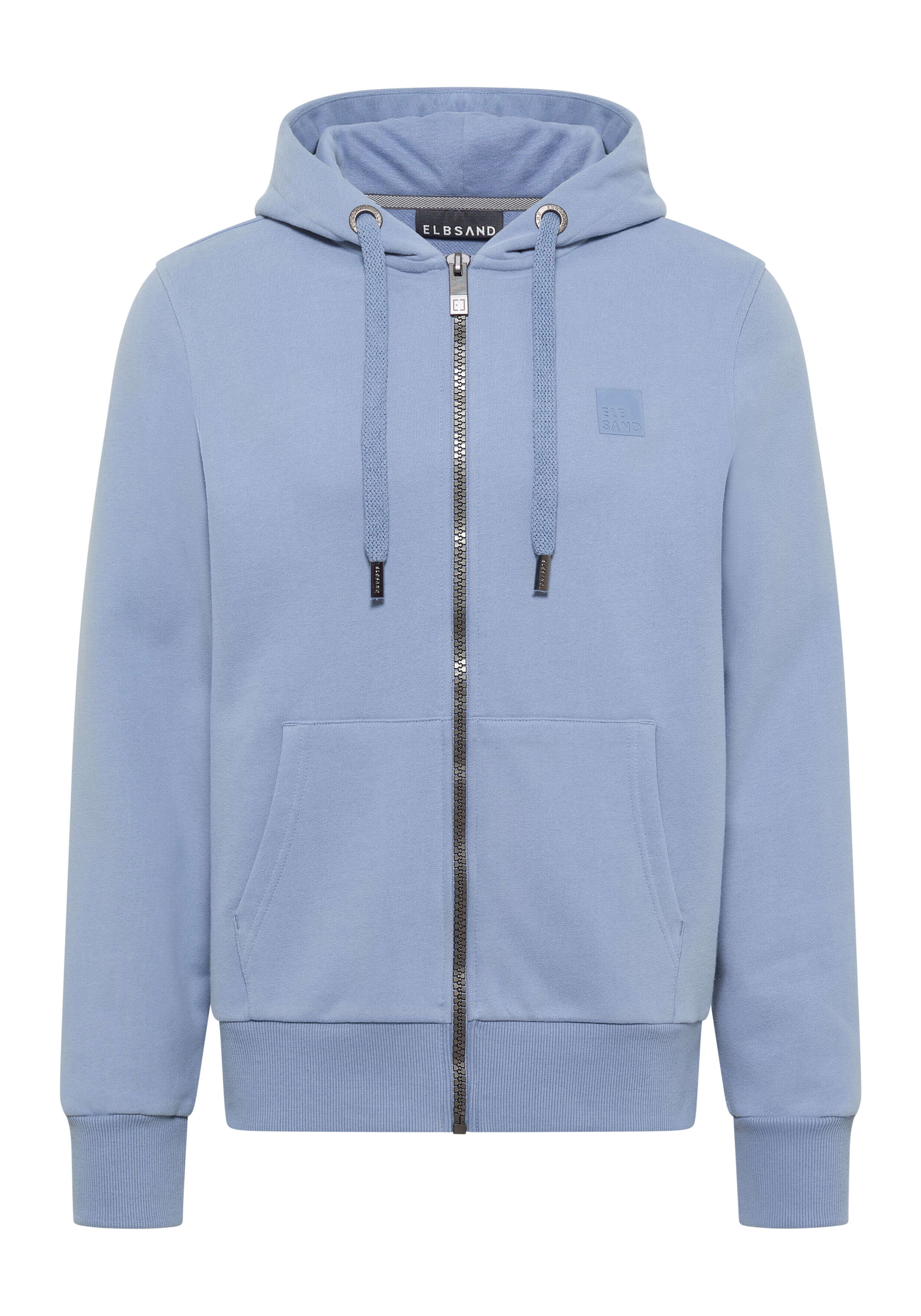 Hellblauer ELBSAND-Zipper-Hoodie mit Kordelzugkapuze und lässigem, gemütlichem Baumwolldesign.