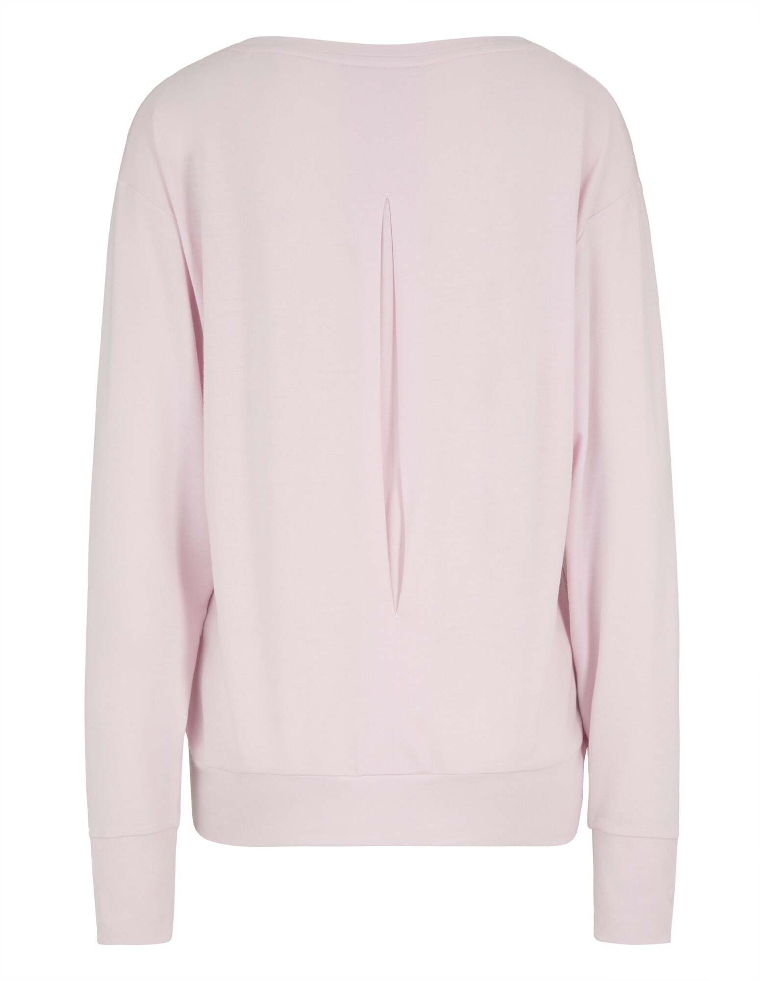 Rückansicht eines hellrosa lässigen Sweatshirts mit einzigartigem Schlitzdetail.