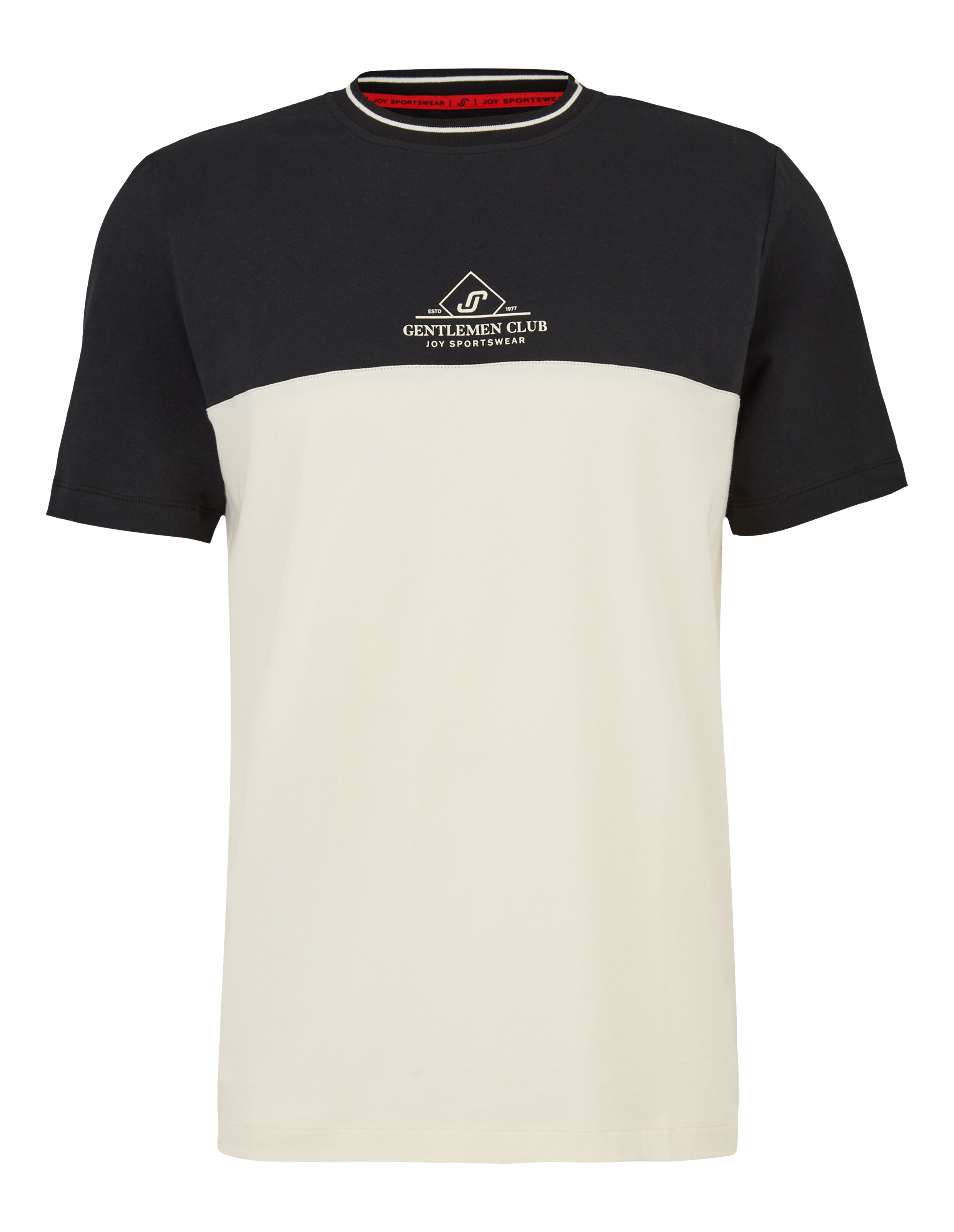Lässiges Herren-T-Shirt mit marineblauem Oberteil und cremefarbenem Unterteil sowie Logo-Detail für einen stilvollen, entspannten Look.