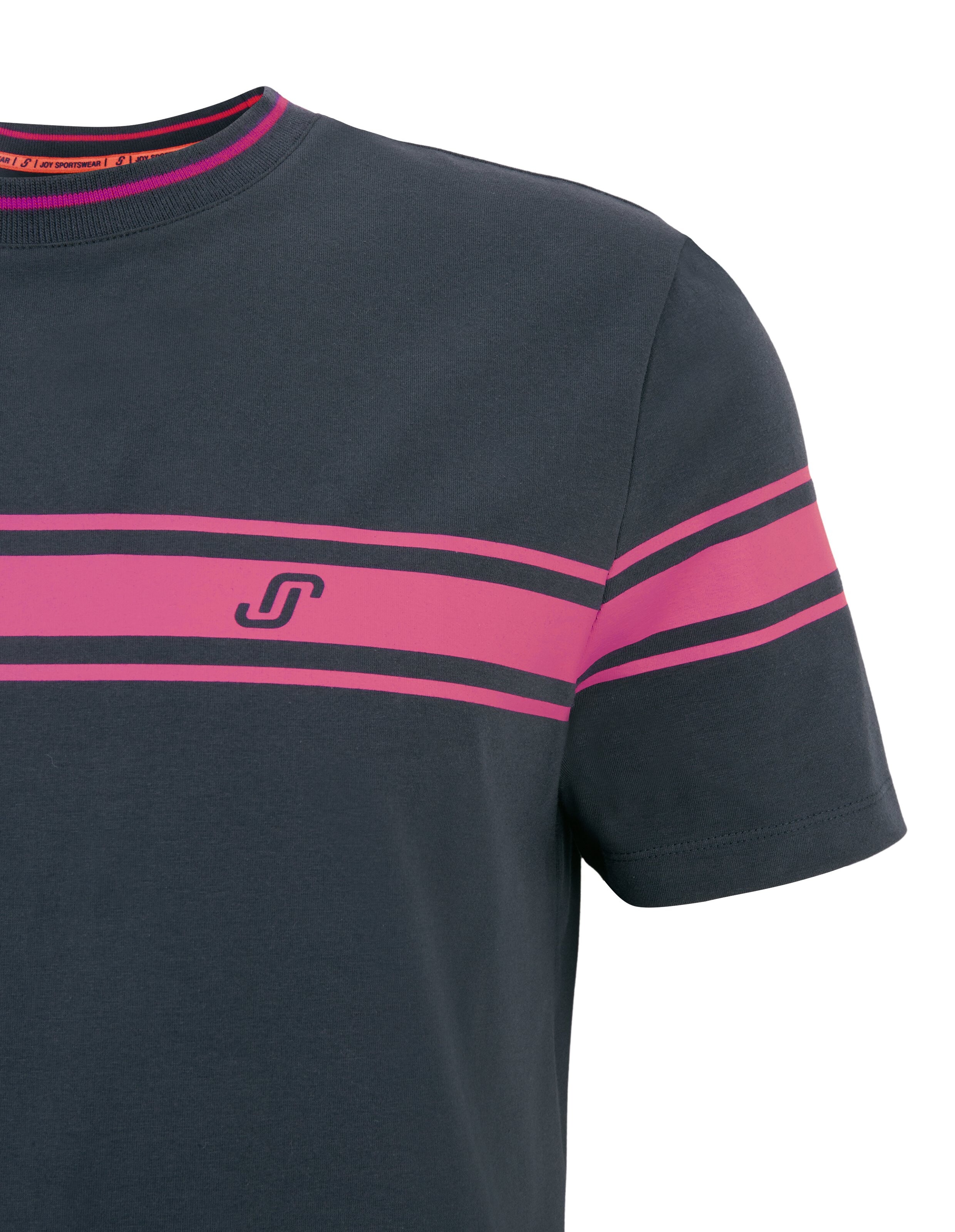 Dunkelgraues, lässiges T-Shirt mit rosa Streifen und Logo für bequemen Tragekomfort im Alltag.