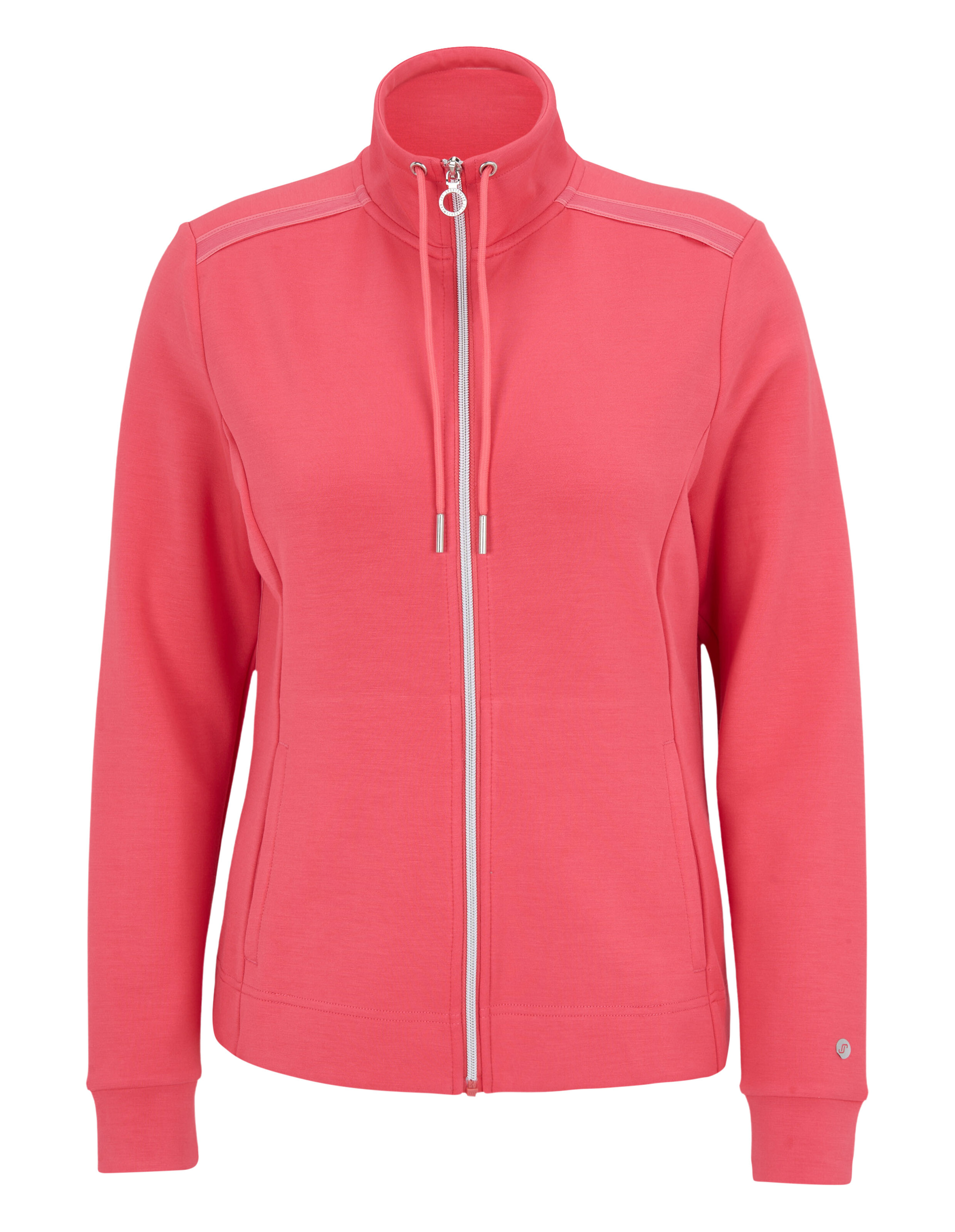 Gemütliche korallenrote Jacke mit Reißverschluss, hohem Kragen und Kordelzug, perfekt für Freizeitkleidung und Faulenzen.