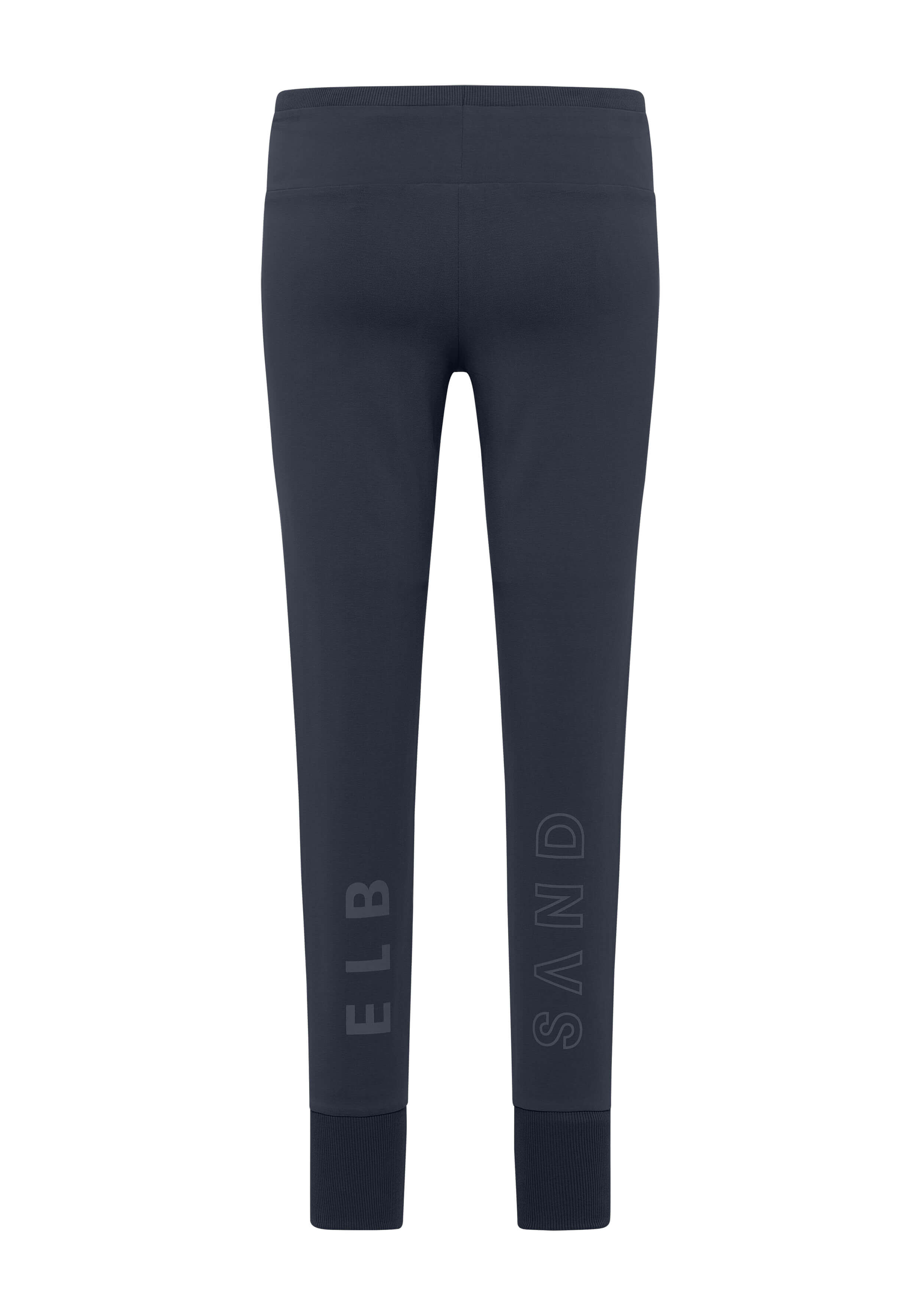 Dunkelblaue, lässige Lounge-Leggings von ELBSAND mit gerippten Bündchen und Logo-Detail.