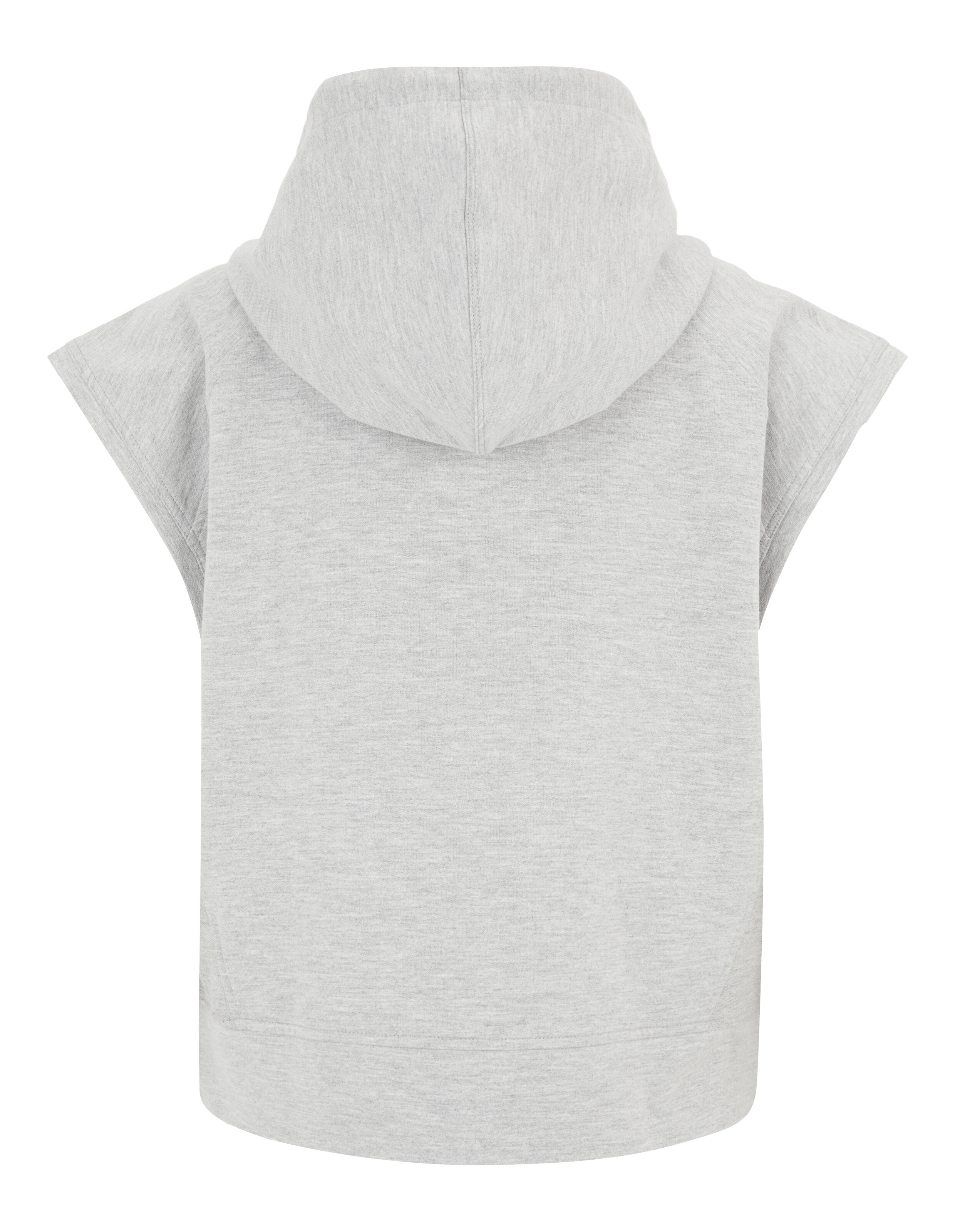 Rückansicht des grauen ärmellosen Venice Beach Hoodie Alissa zum lässigen Faulenzen.