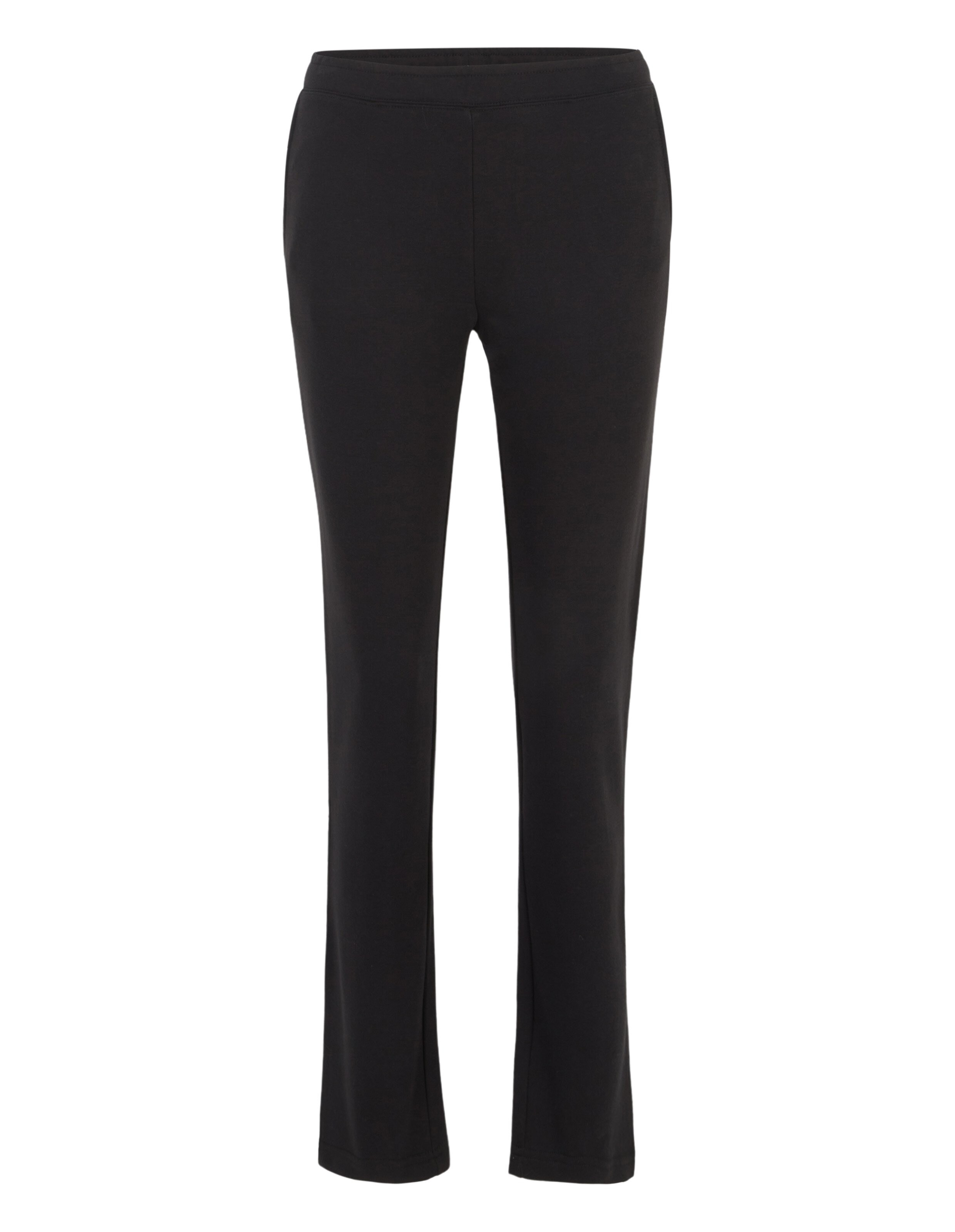 Schwarze, gerade geschnittene Hose aus weichem Stoff mit elastischem Bund und schlichtem Design, ohne sichtbare Taschen oder Details.