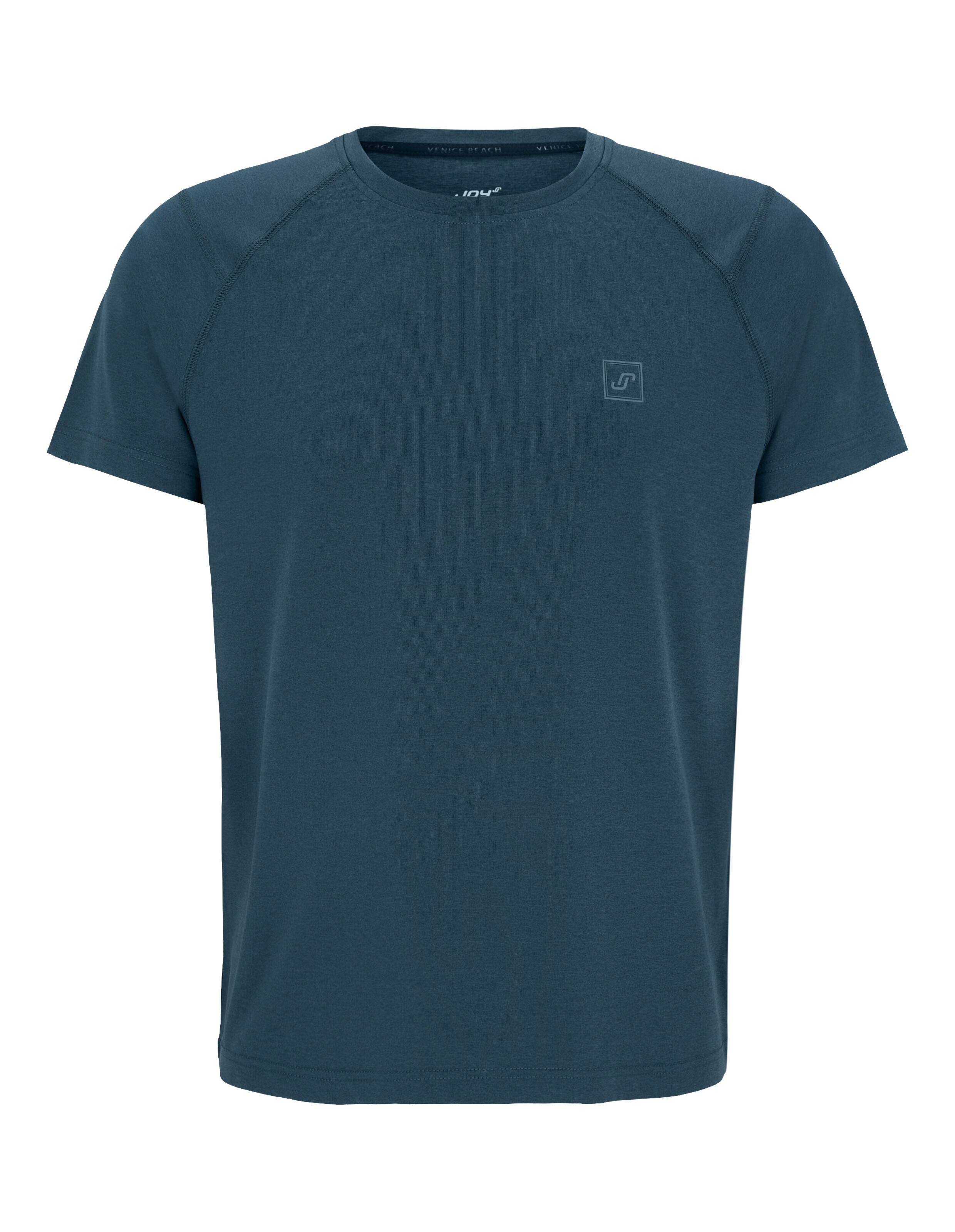 Lässiges dunkelblaues Herren-T-Shirt mit kurzen Ärmeln und rundem Ausschnitt.
