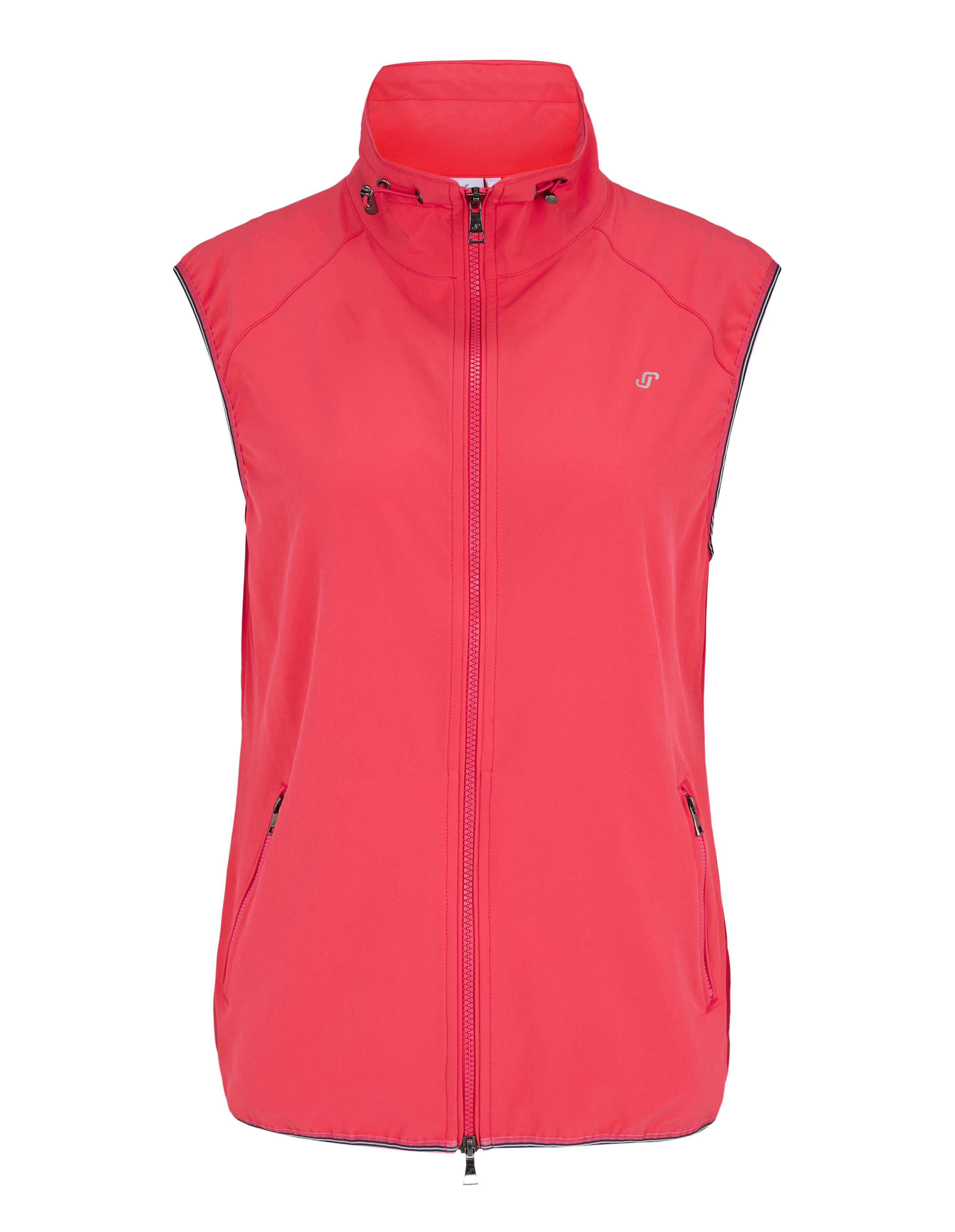 Ärmellose rosa Weste mit hohem Kragen und Reißverschlusstaschen, ideal für Freizeitkleidung.