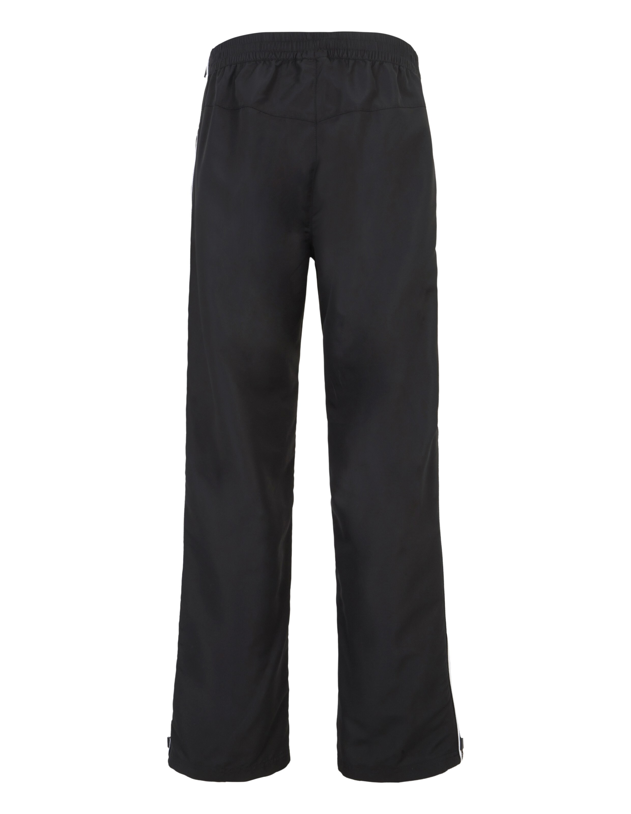 Schwarze, locker sitzende Hose aus glattem Stoff mit elastischem Bund; frontalansicht der Hinterseite, am Saum leicht ausgestellt.