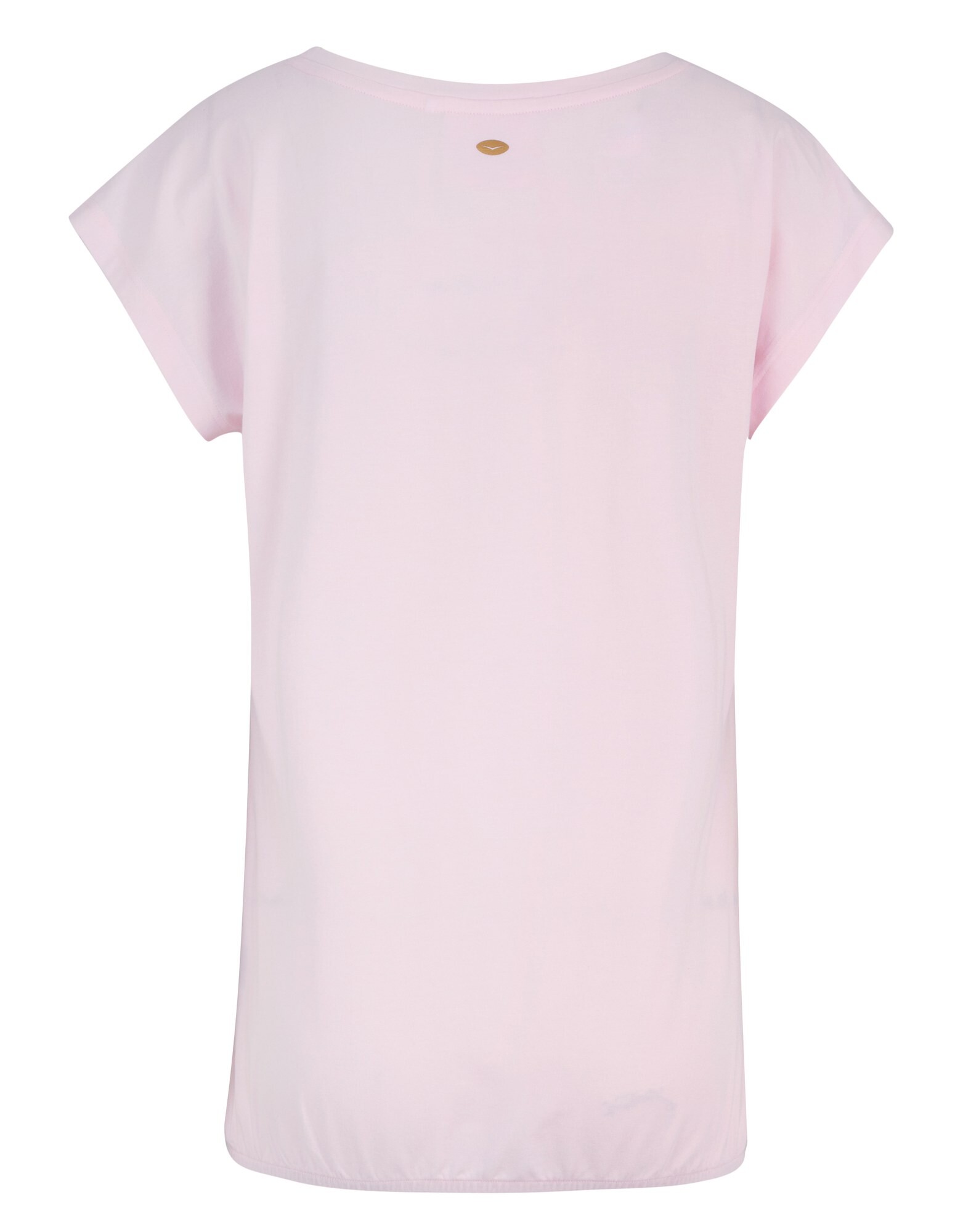 Rückansicht eines hellrosa Freizeit-T-Shirts mit kurzen Ärmeln und entspannter Passform.